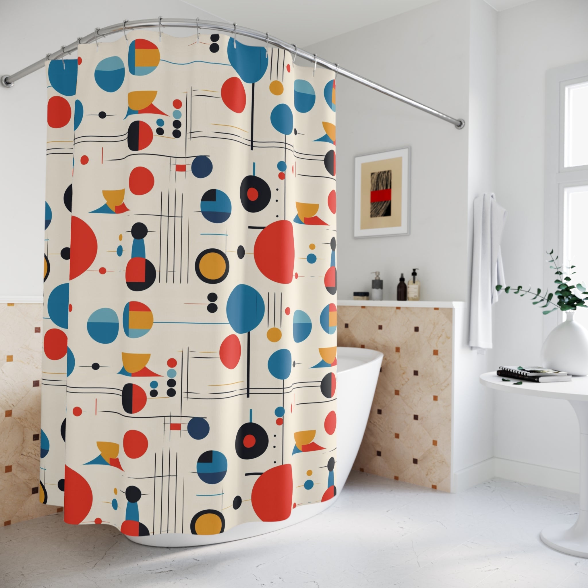 Mid Century Modern Bauhaus Red, Blue, Yellow Geometric Retro Style Shower Curtain - Mid Century Modern Gal