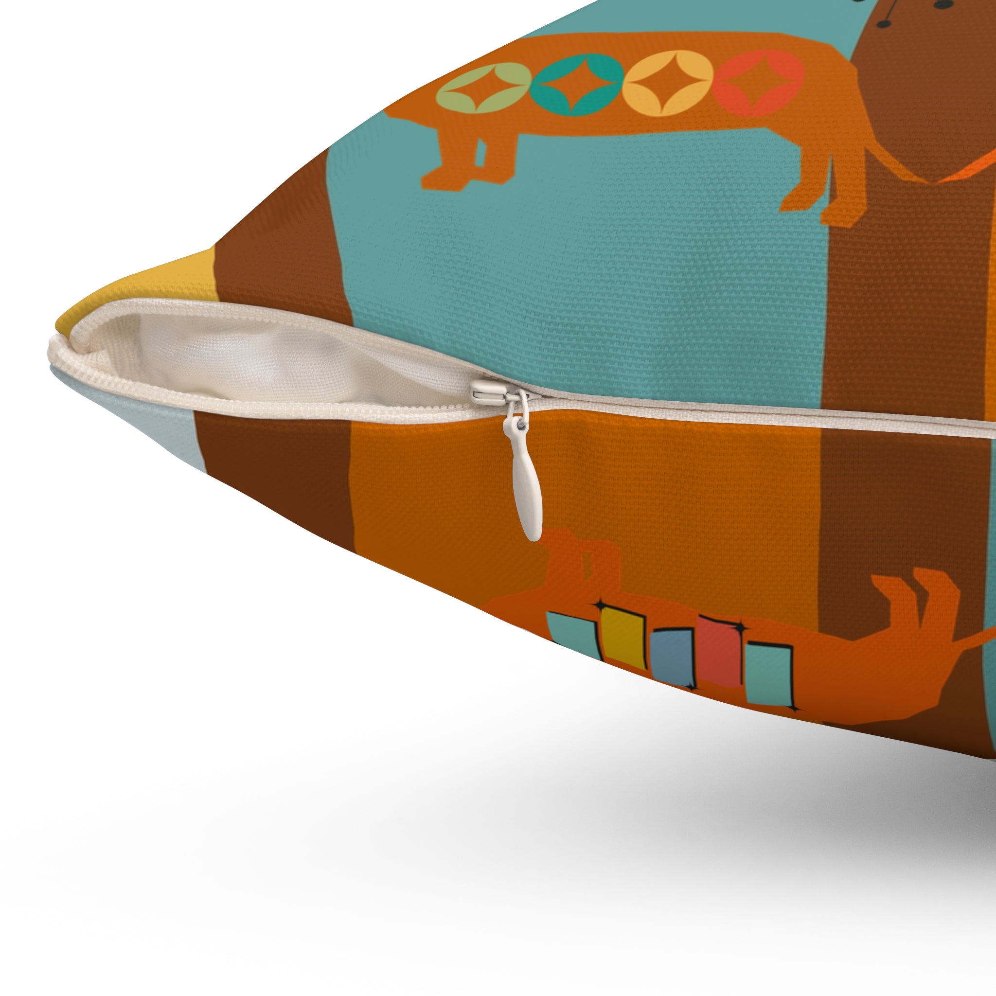 Doxie Dog, Dachshund Lover, Retro Colorful Dog-Themed Square Pillow - Cozy Home Decor - Mid Century Modern Gal