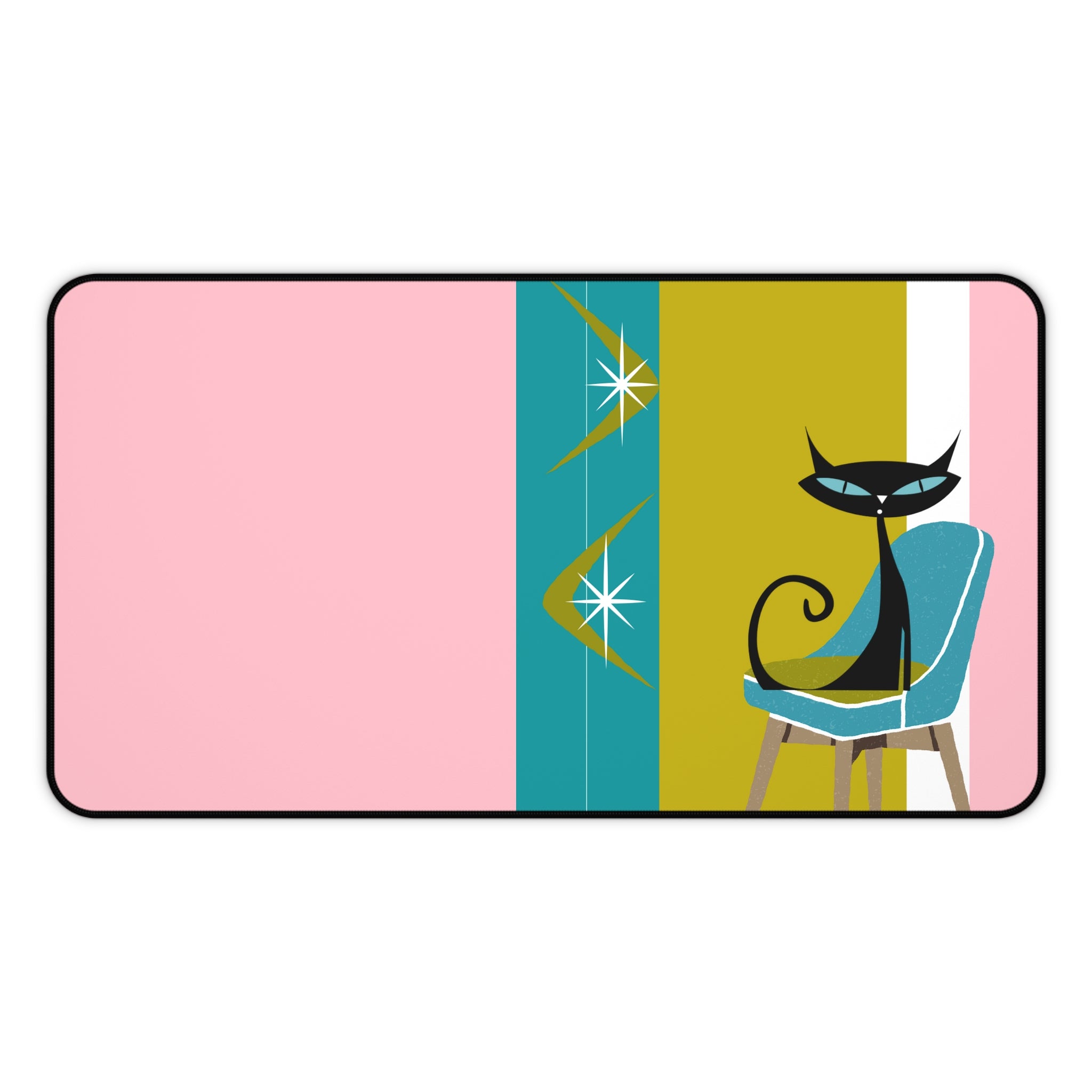 Atomic Cat Pink, Green, Teal Blue Retro Atomic Boomerang Desk Mat - Mid Century Modern Gal