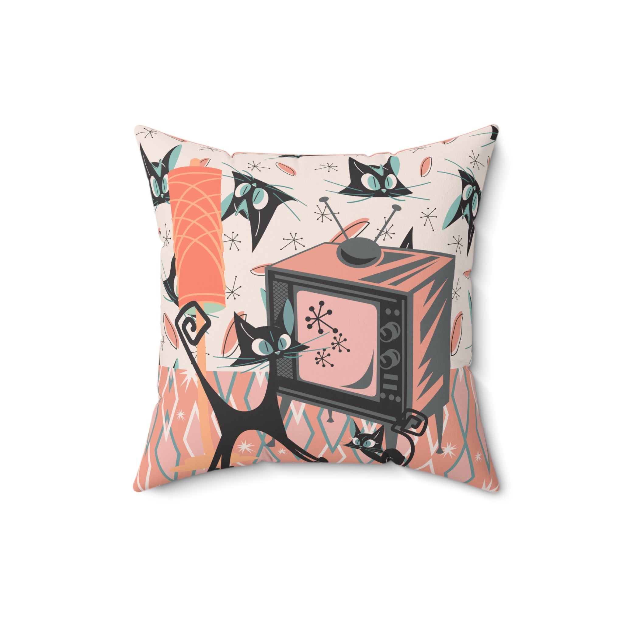 Atomic Cat Pillow, Retro TV, Kitschy Fun, Whimsical Quirky 50s Mid Century Modern Pillow And Insert, Coral Pink, Teal, Creamy Beige - Mid Century Modern Gal