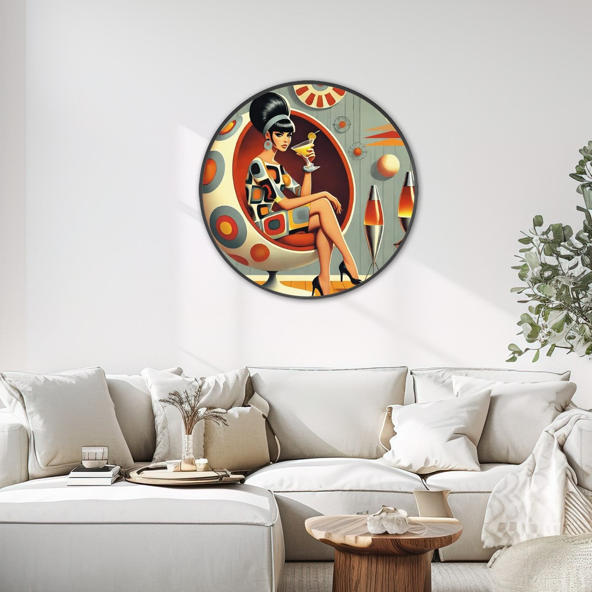 Mid Mod 60 Retro Gal Round Framed Canvas Wall Art - Mid Century Modern Gal