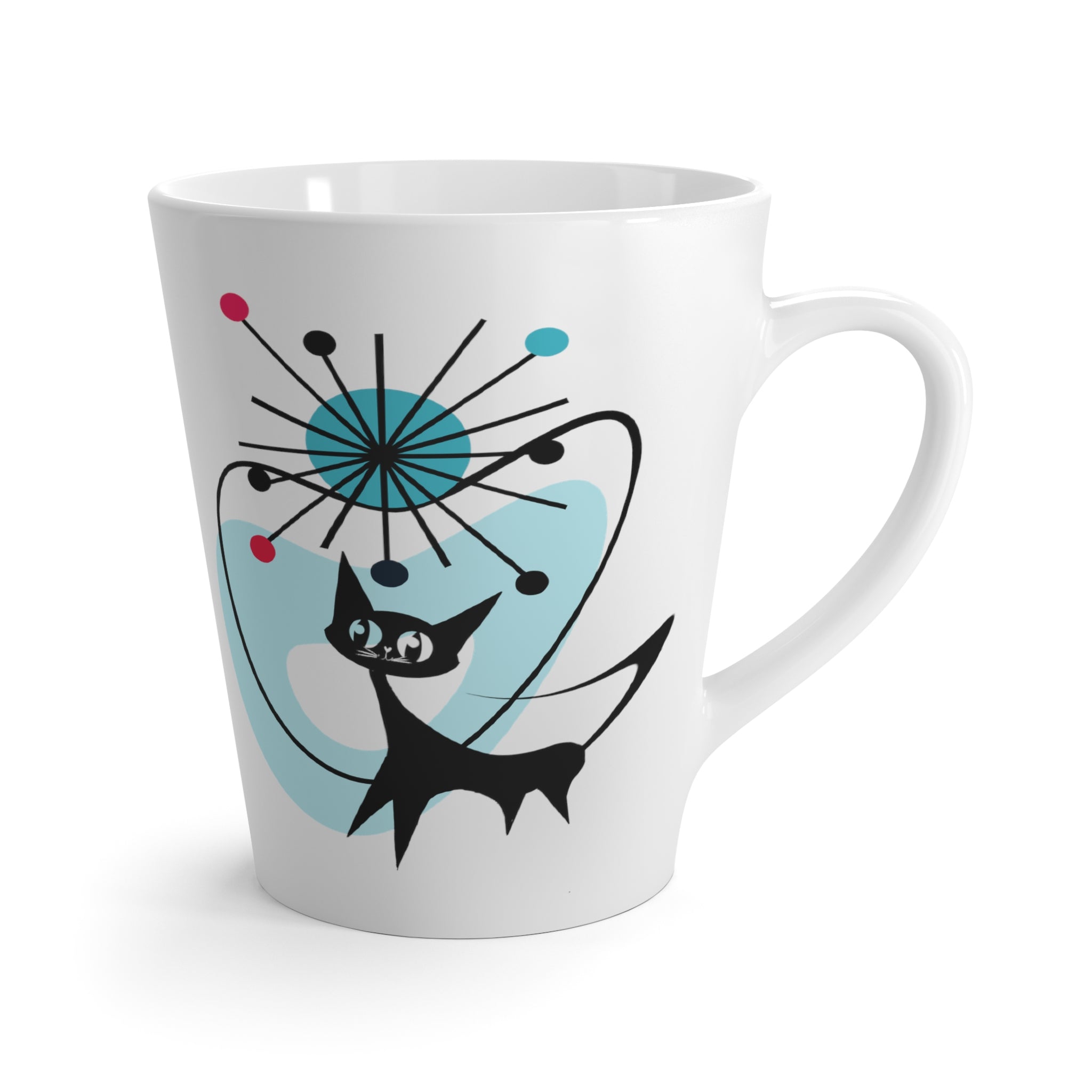 Atomic Cat Latte Mug, Starburst, Atomic Boomerang, Black Cat Lover, Aqua Blue, Kitschy Coffee Tea Mug - Mid Century Modern Gal