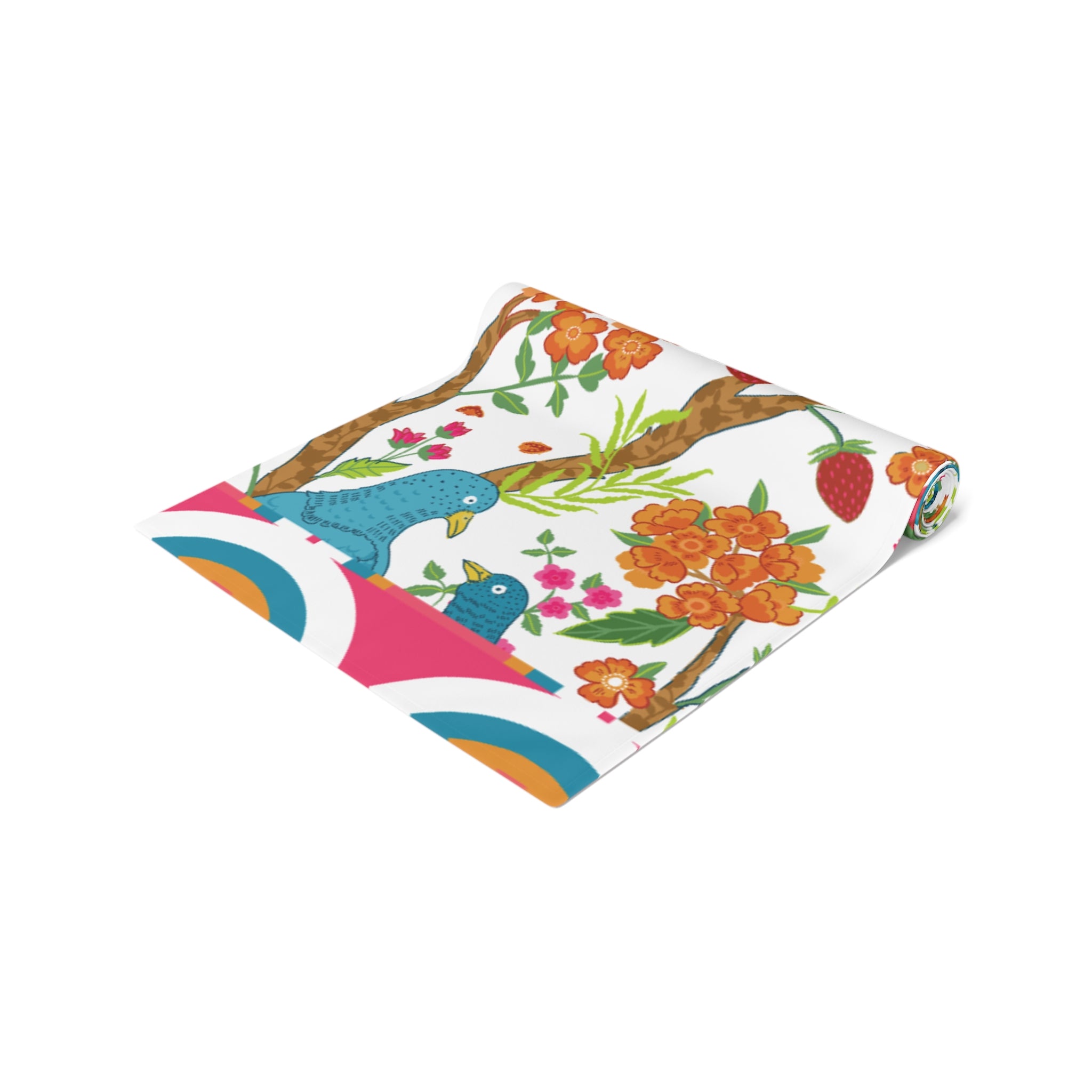 Exotic Birds In Paradise, Pink Golden, Blue Chinoiserie Table Runner - Mid Century Modern Gal