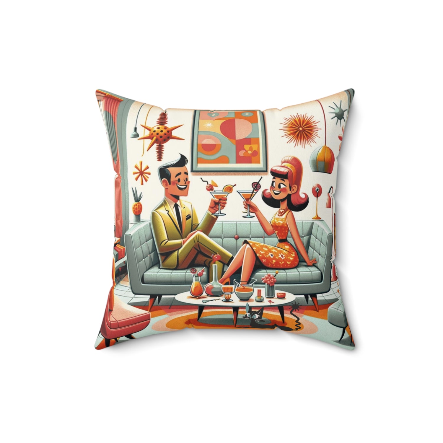 Mid Century Modern Coctail Kitschy 50d Pillow And Insert, With MCM Couple, Atomic Cat Pillow - Mid Century Modern Gal