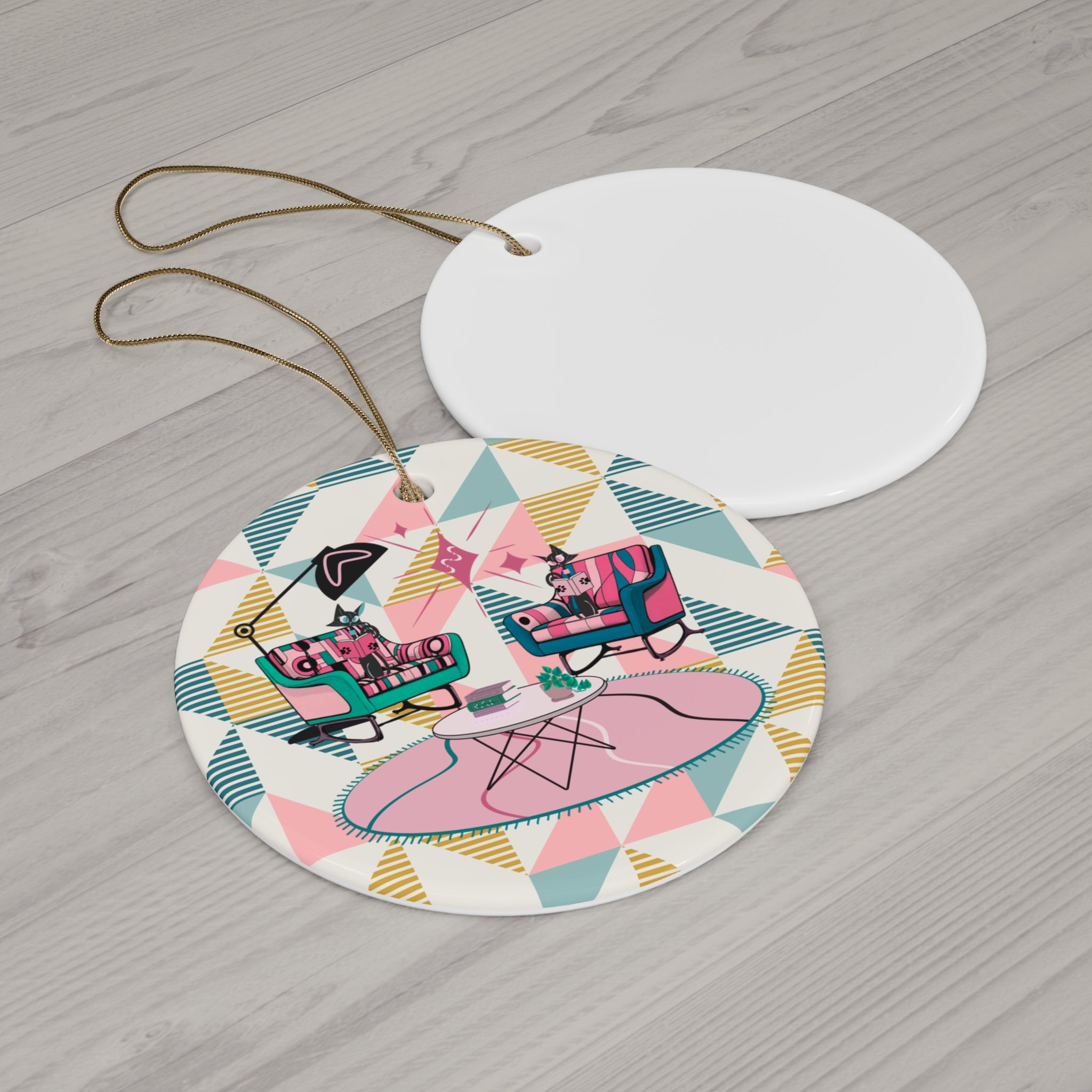 Reading Cats Atomic Mid Mod Geometric Pattern Book Lover MCM Ceramic Ornament
