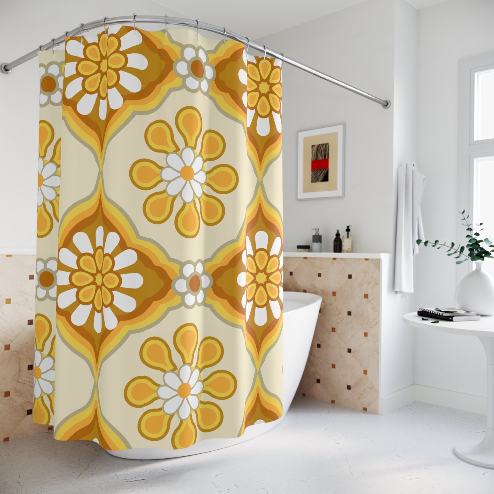 70s Flower Power Groovy Retro Bold Floral, Golden Yellow, Brown MCM Shower Curtain - Mid Century Modern Gal