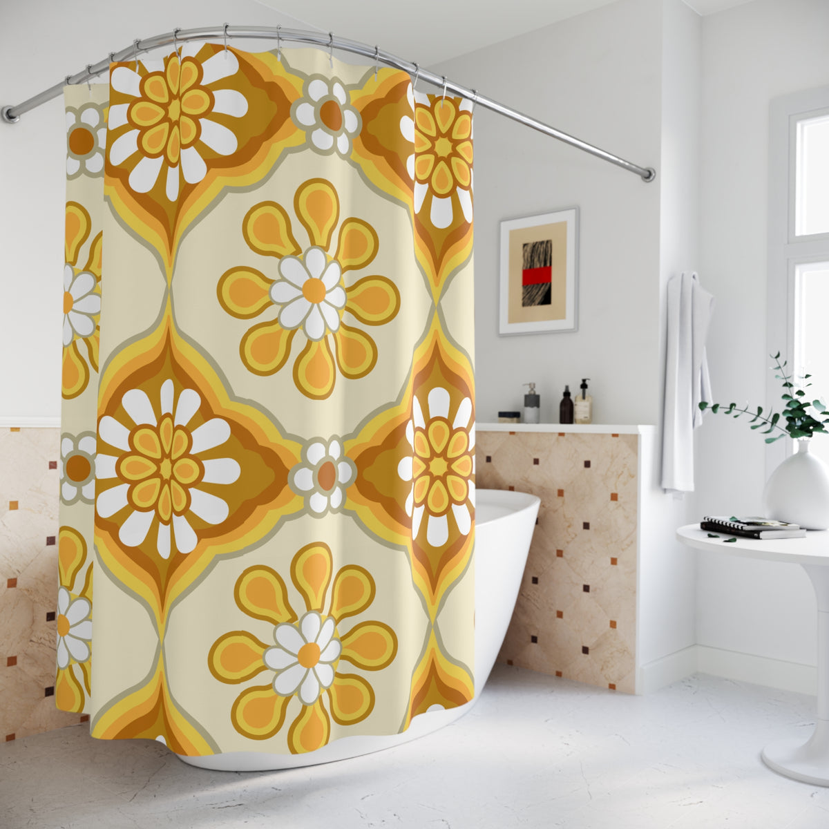 70s Flower Power Groovy Retro Bold Floral, Golden Yellow, Brown MCM Shower Curtain - Mid Century Modern Gal