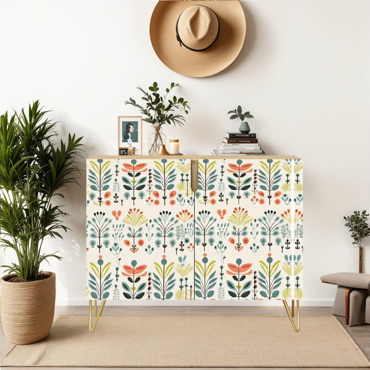 Modern Danish Scandinavian Floral Designed Wooden Storage Cabinet - Mid Century Modern Gal