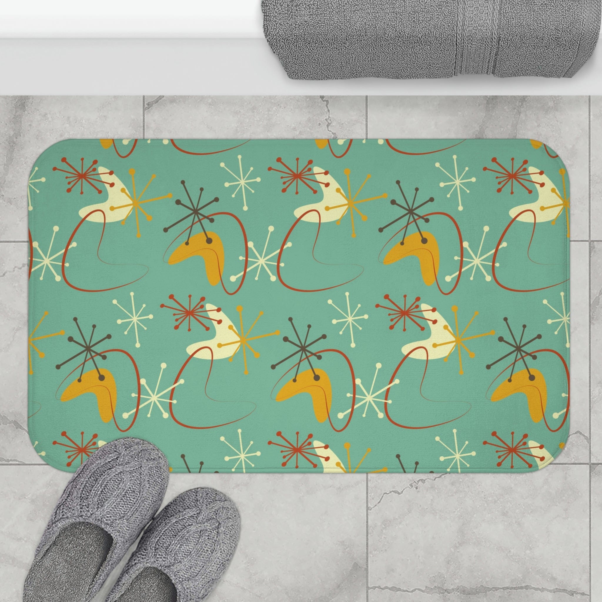 Mid Century Modern Green, Rust, Atomic Boomerang Bath Mat Home Decor 34" × 21"