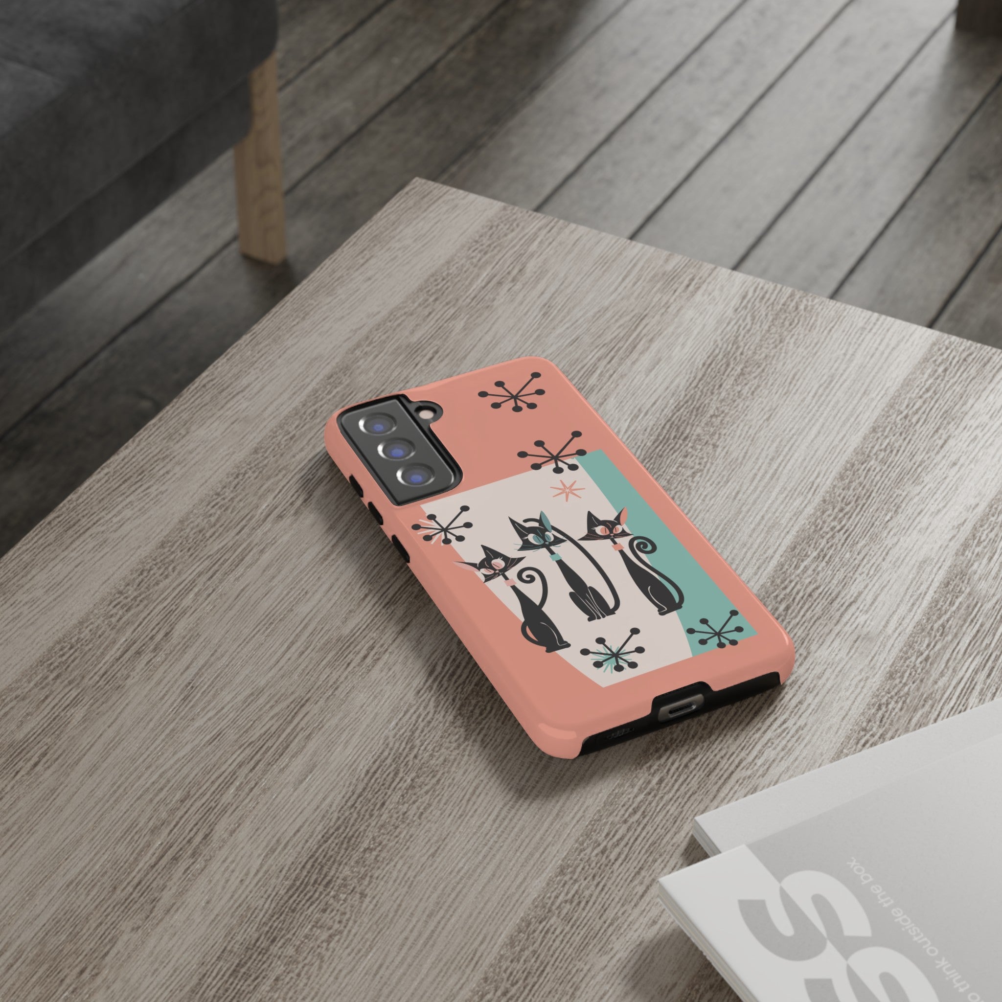 Atomic Cat Mid Mod Coral Aqua Blue Starburst Kitschy Fun Chic Samsung, Smart Phones Tough Cases - Mid Century Modern Gal