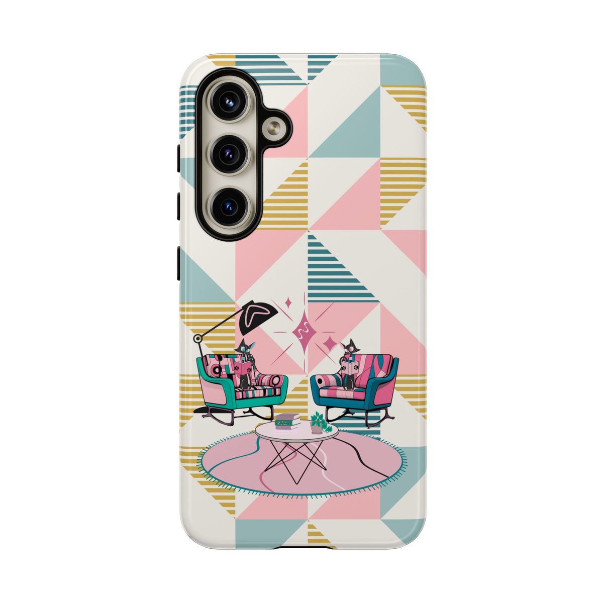 Atomic Cats Reading, Book Talk, Book Lover, Retro Chic Phone Case with Retro Vibe - Cozy Living Room Design - Mid Century Modern Gal