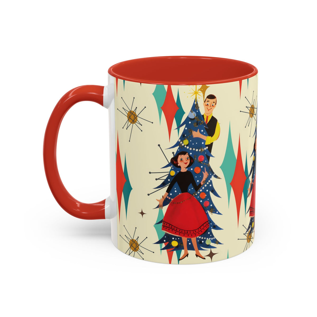 Mid Century Modern 50s Kitsch Christmas starburst coffee mug featuring retro holiday design with a couple decorating a tree.