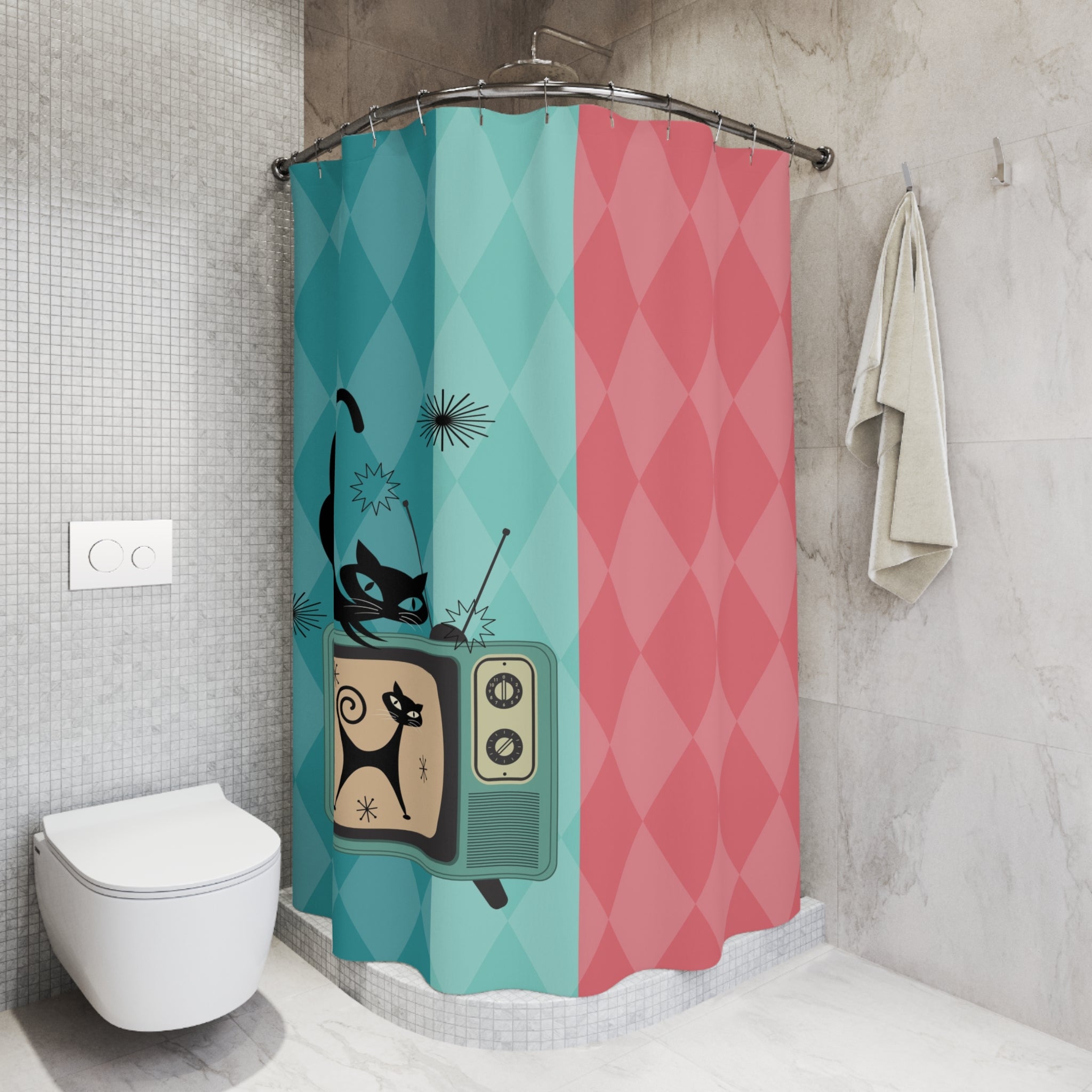 Atomic Kitschy Cat, Mid Mod Pink, Teal, Mint Green, Retro Shower Curtain - Mid Century Modern Gal