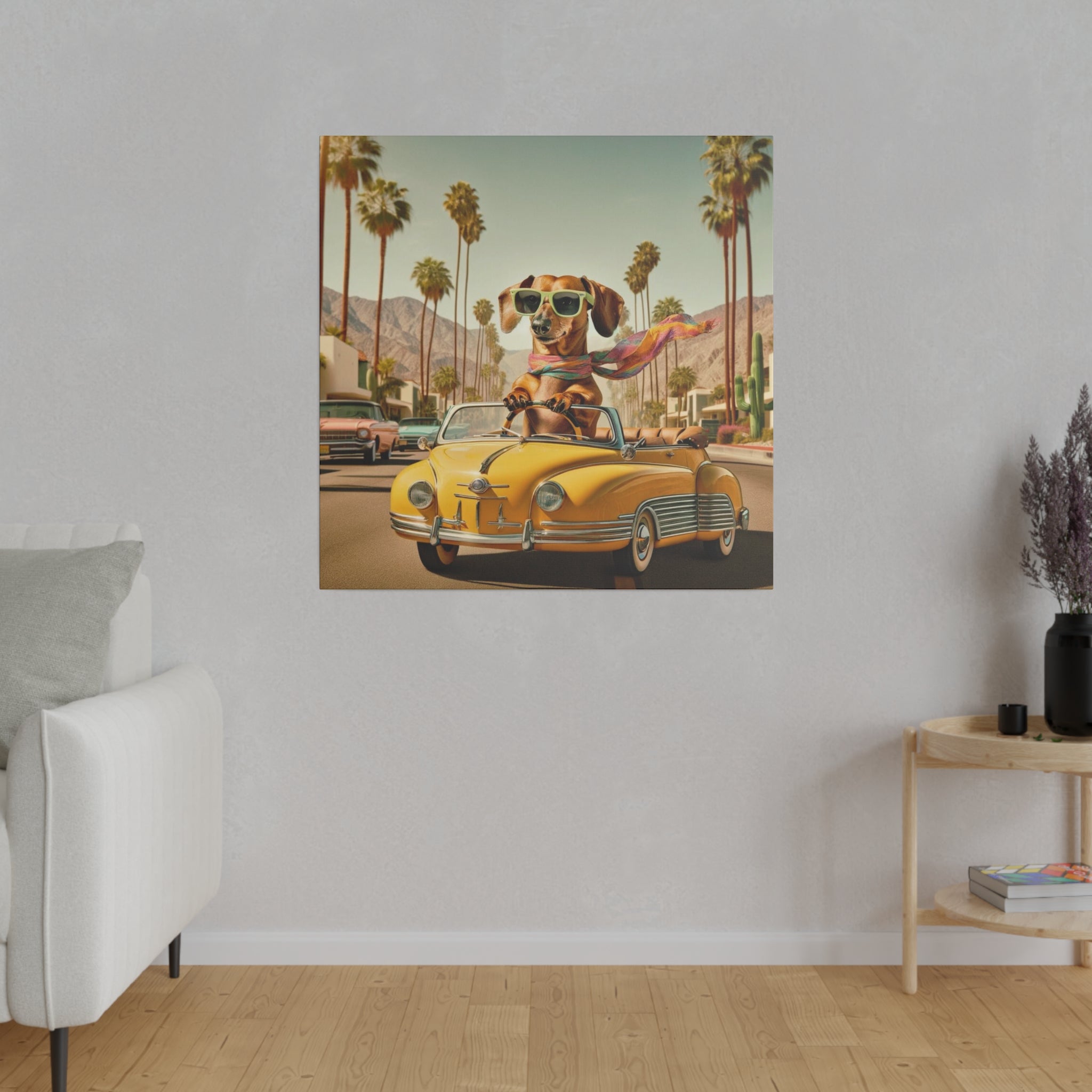 Funny Doxie Dachshund Palm Spring California Driving 50s Inspired Kitschy Wall Art - Mid Century Modern Gal