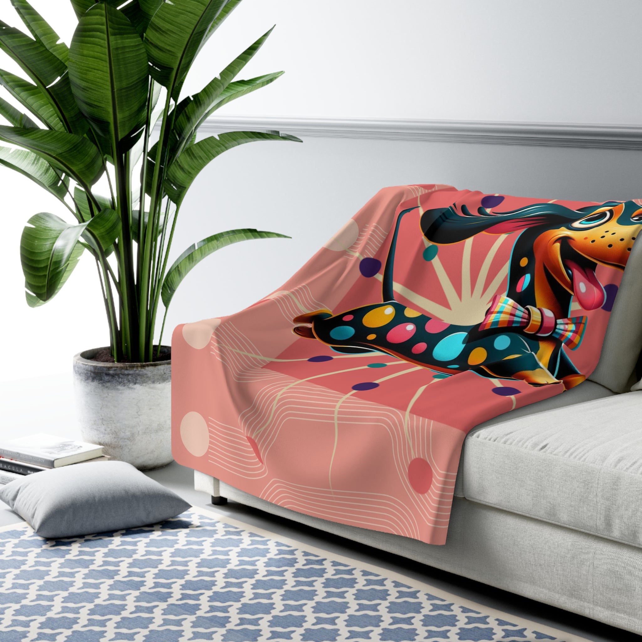 Doxie Dog Blanket, Weiner Dog Lover, Mid Century Modern Coral Pink, Whimsical Mid Century Mod Dachshund Dog Lover Sherpa Fleece Blanket - Mid Century Modern Gal