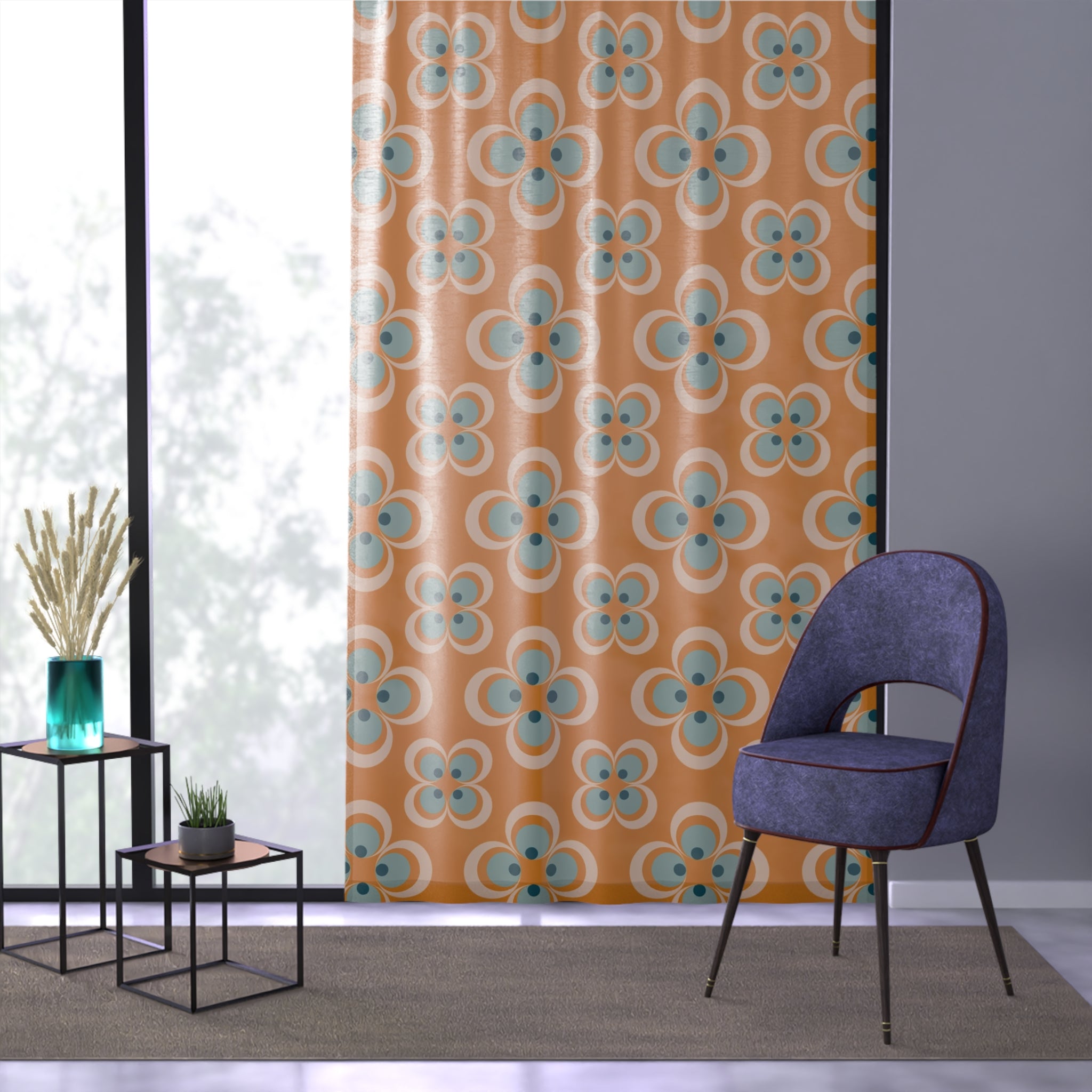 Scandinavian Orange Blue, Mid Century Moder Sheer Window Curtain - Mid Century Modern Gal
