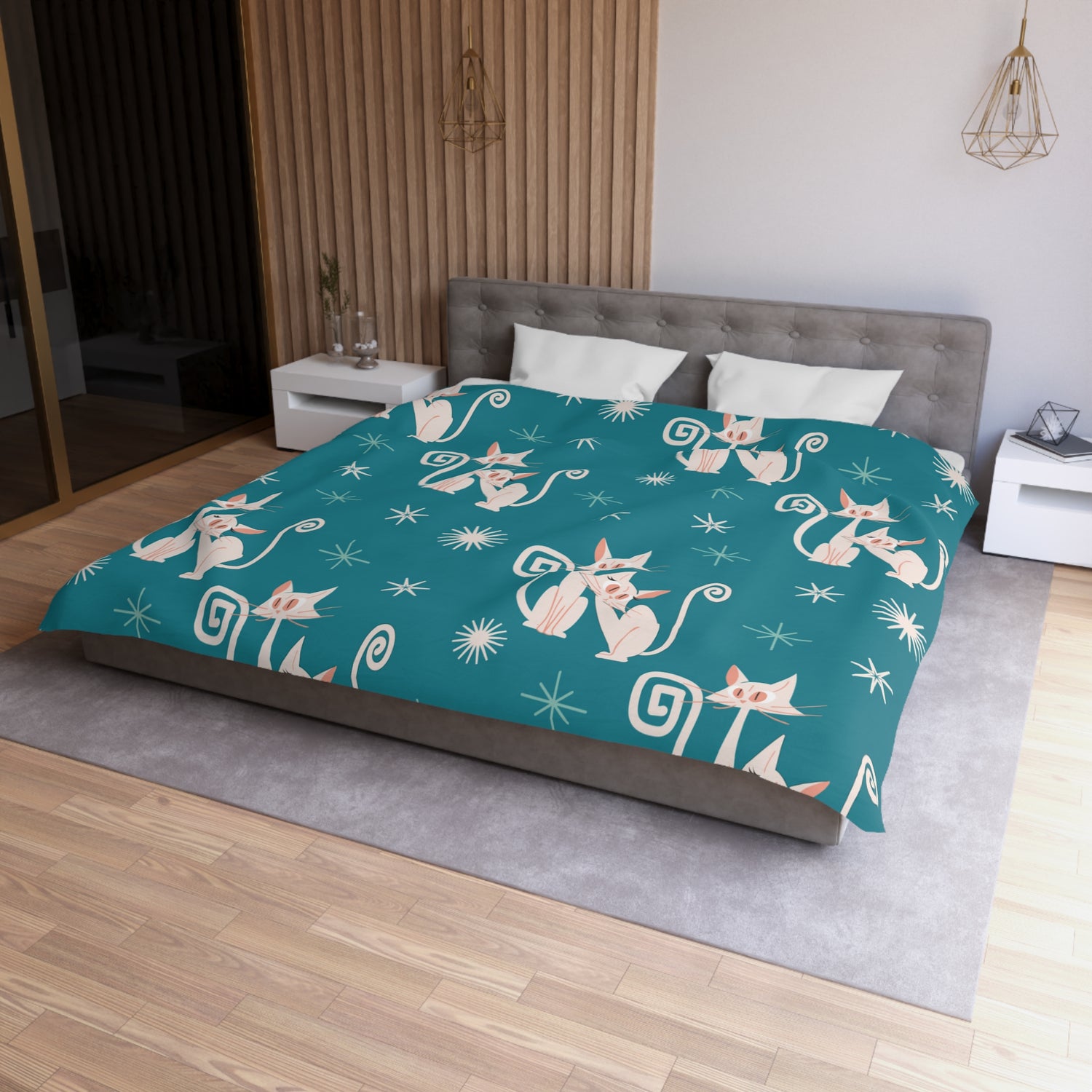 Mid Century Modern Atomic Kitty Cats, Teal, Starburst, MCM Microfiber Duvet Cover - Mid Century Modern Gal