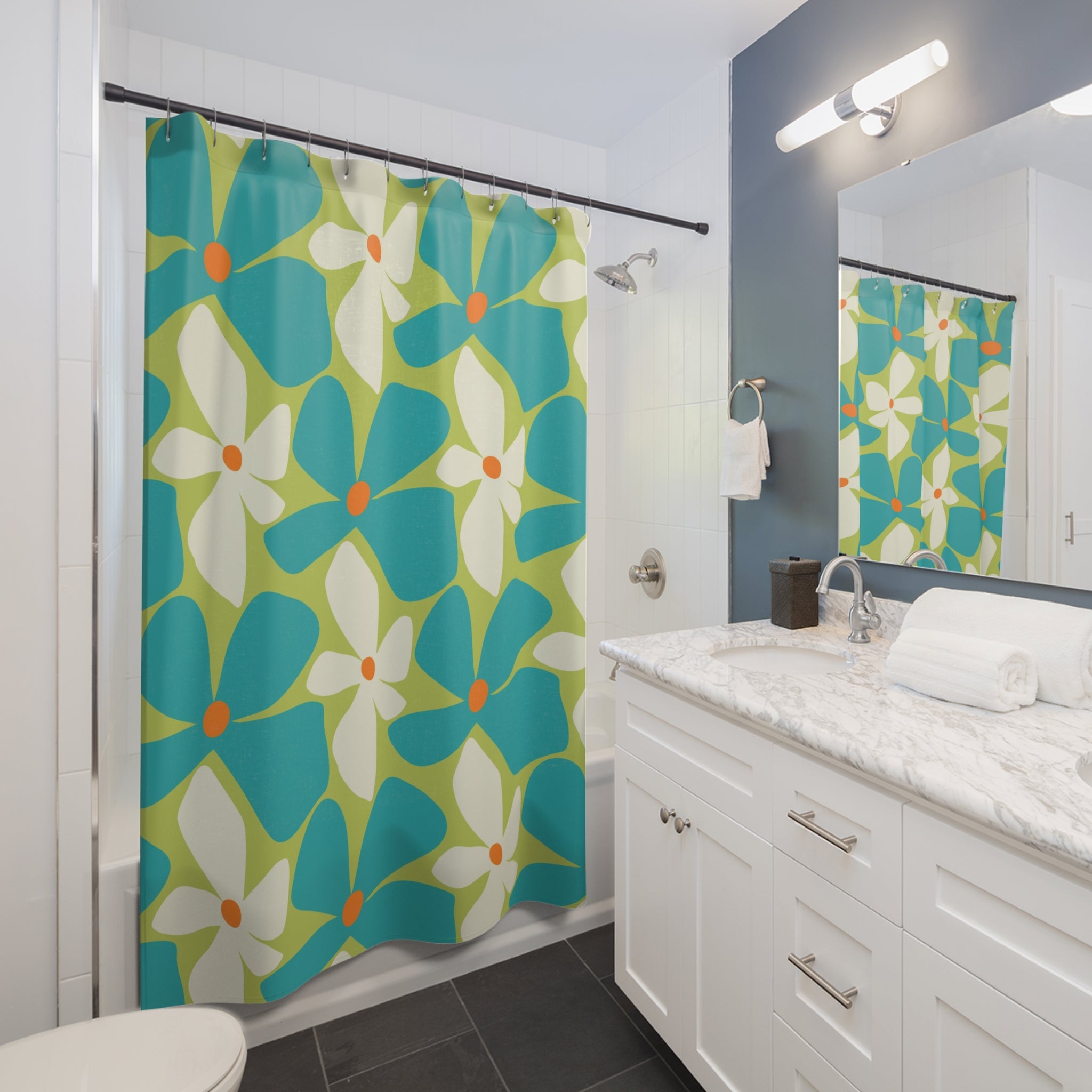 Retro Floral Vibrant Floral Shower Curtain - Brighten Your Bathroom Decor - Mid Century Modern Gal