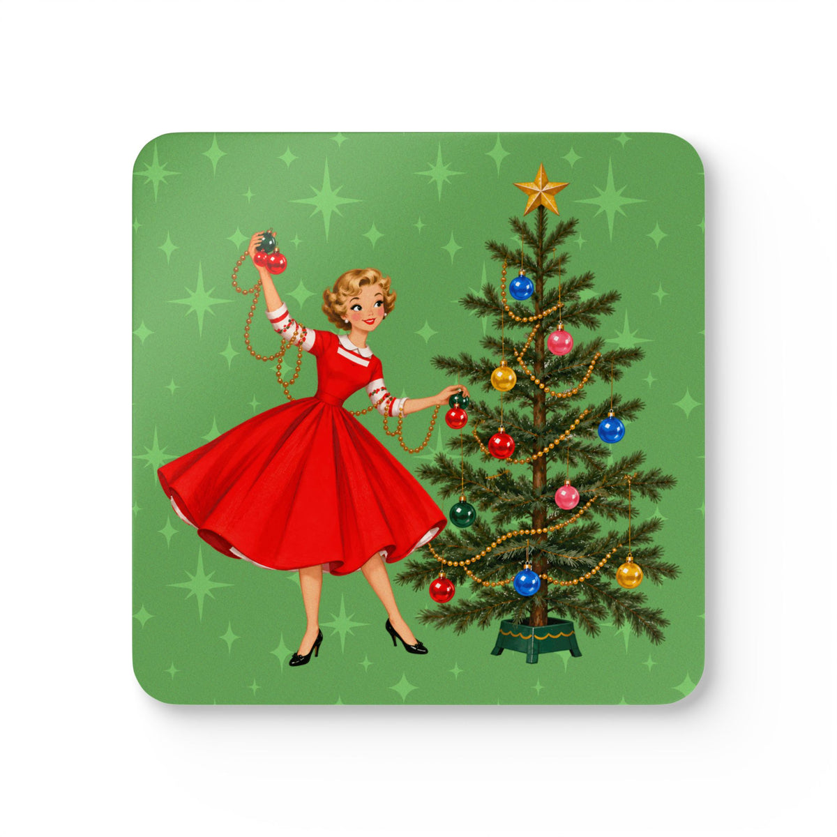 Mid Century Modern Gal Decorating Christmas Tree, Green Atomic Starbursts Corkwood Coaster Set