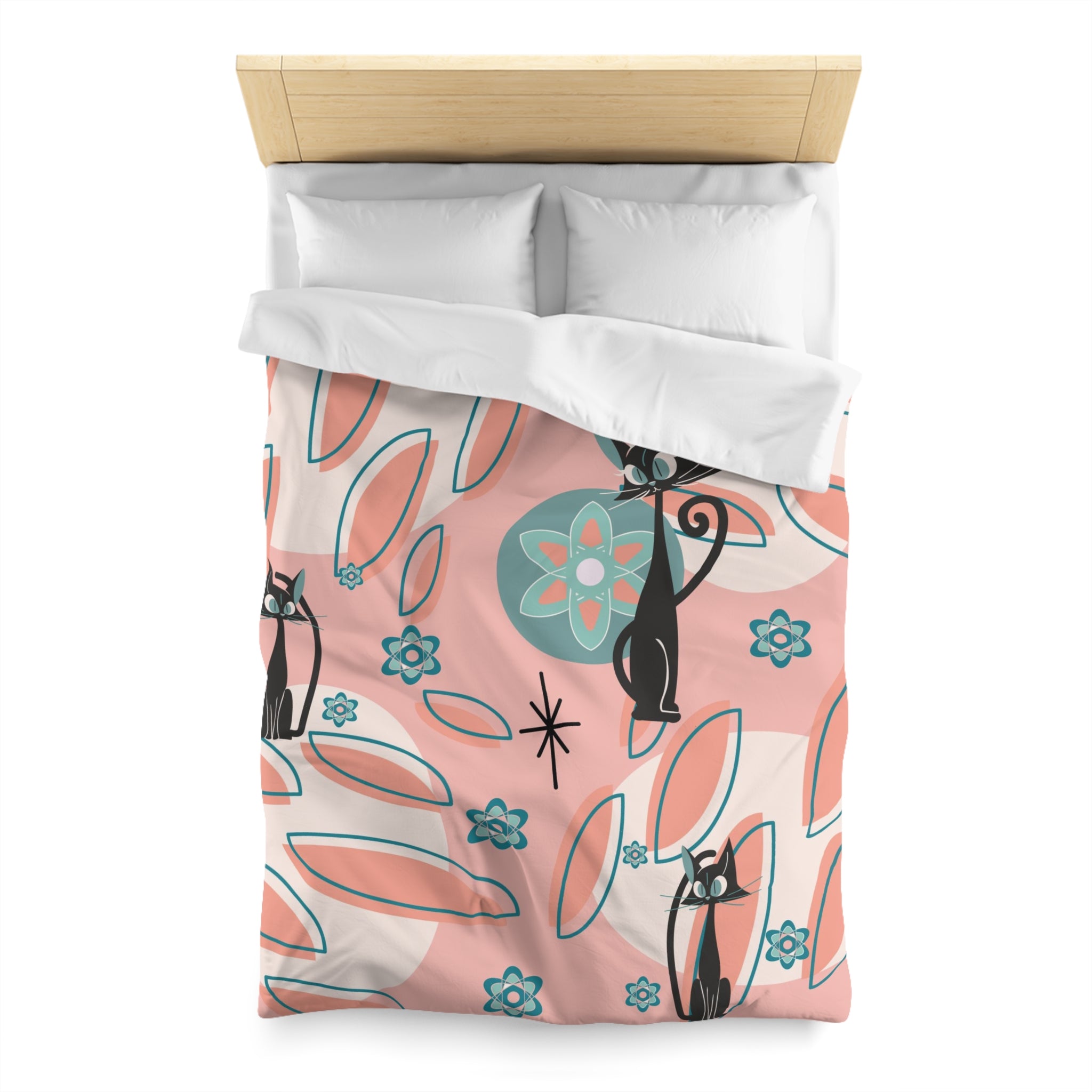 Atomic Cat Mid Century Modern Bedding, Coral Peach, Kitschy Abstract, Atomic Space, MCM Kitschy 50s Duvet Cover - Mid Century Modern Gal