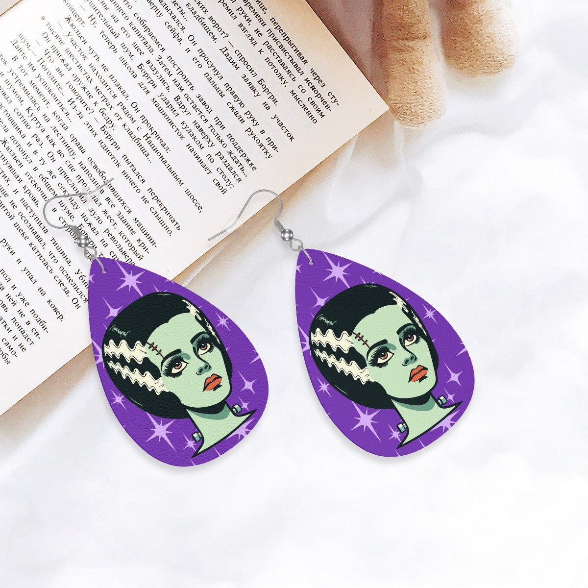 Bride of Frankenstein Retro Mid Mod Horror Buff Purple Halloween Vegan Leather Teardrop Earrings - Mid Century Modern Gal