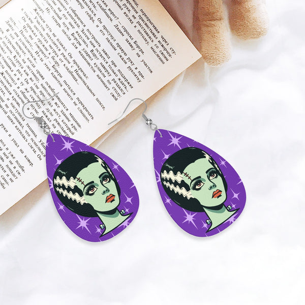 Bride of Frankenstein Retro Mid Mod Horror Buff Purple Halloween Vegan Leather Teardrop Earrings