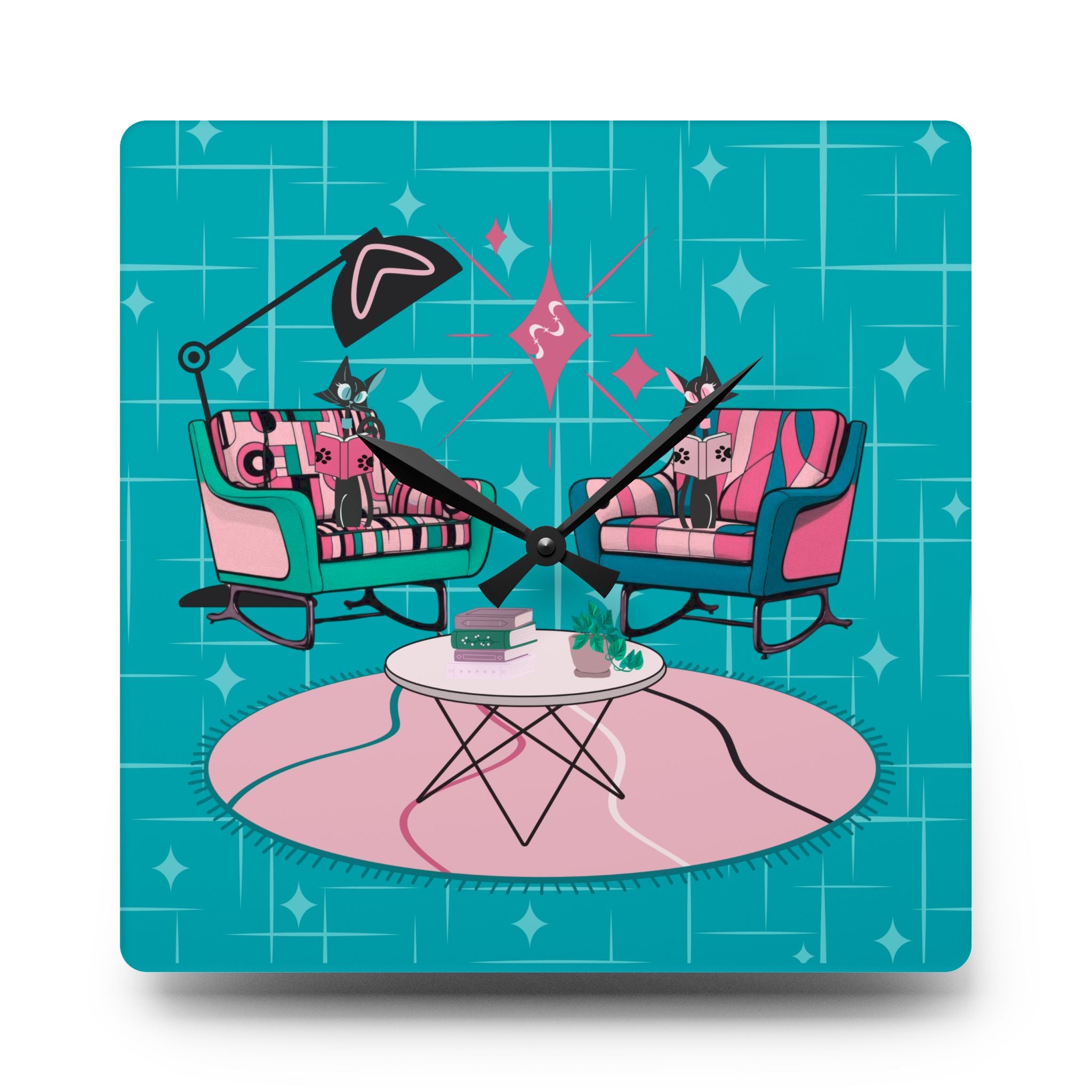 Atomic Reading Cats, Kitschy Mod Quirky Retro Modern Acrylic Wall Clock - Mid Century Modern Gal