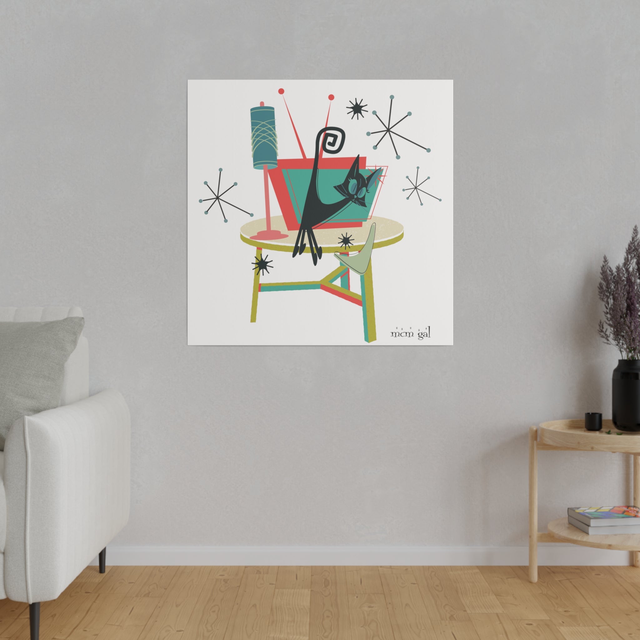 Atomic Cat Art, Quirky Kookie Mid Century Modern Matte Canvas - Mid Century Modern Gal