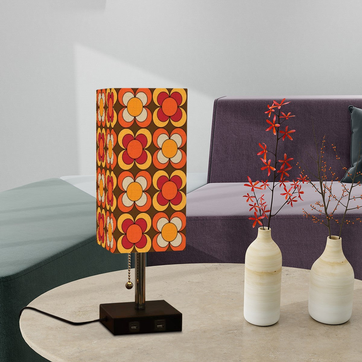 Retro Flower Orange Brown Yellow Red, Mod Floral Square Table Lamp - Mid Century Modern Gal