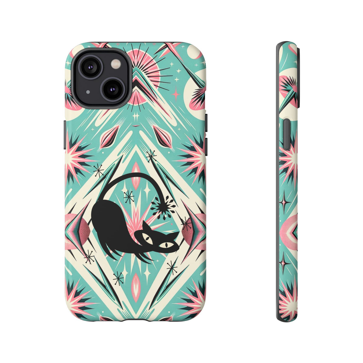 Atomic Cat, Mid Century Modern Aqua Blue, Pink, Starbursts Tough Phone Case