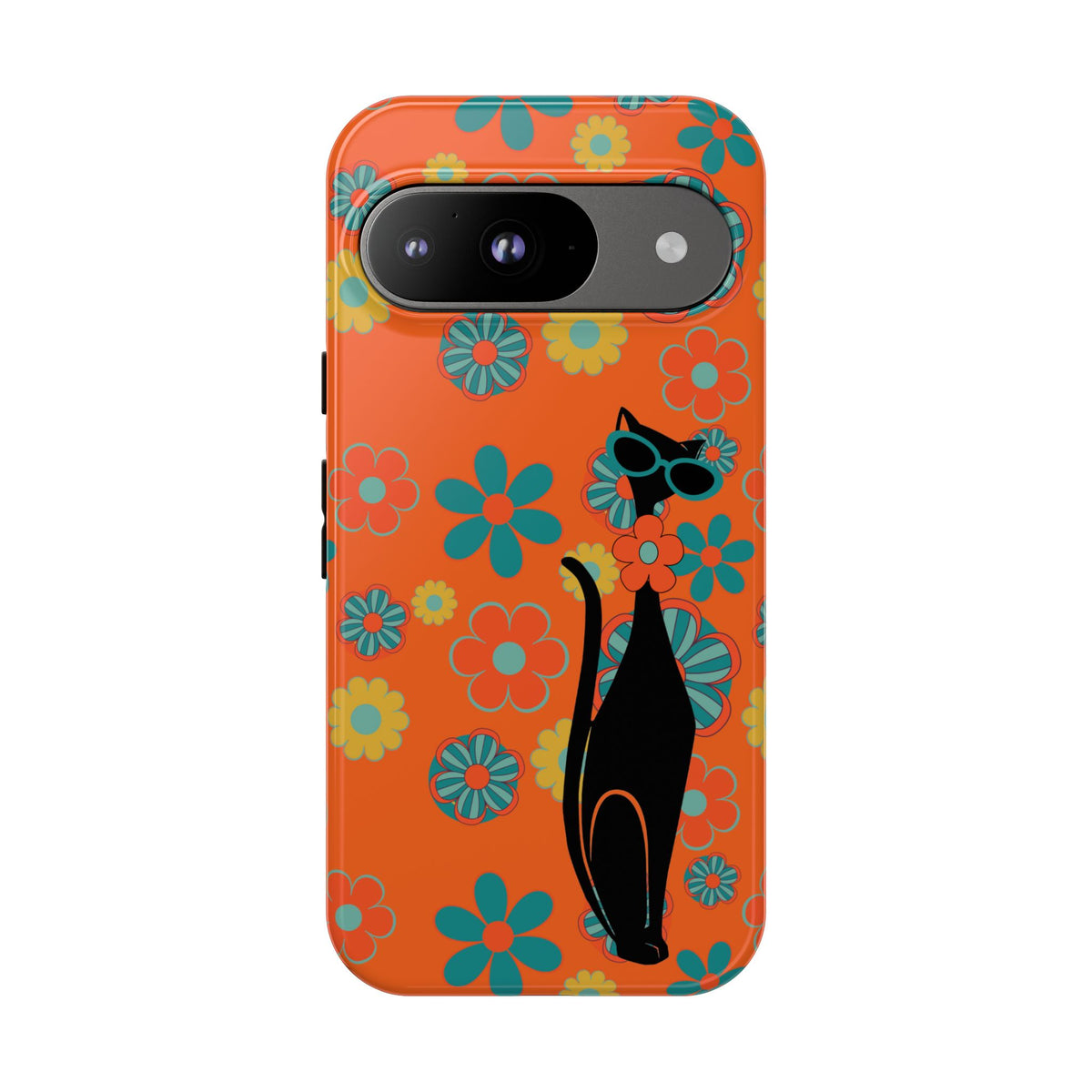 Flower Power, Retro Groovy Atomic Cat, Hipster Style Orange Samsung Galaxy and Google Pixel Tough Cases