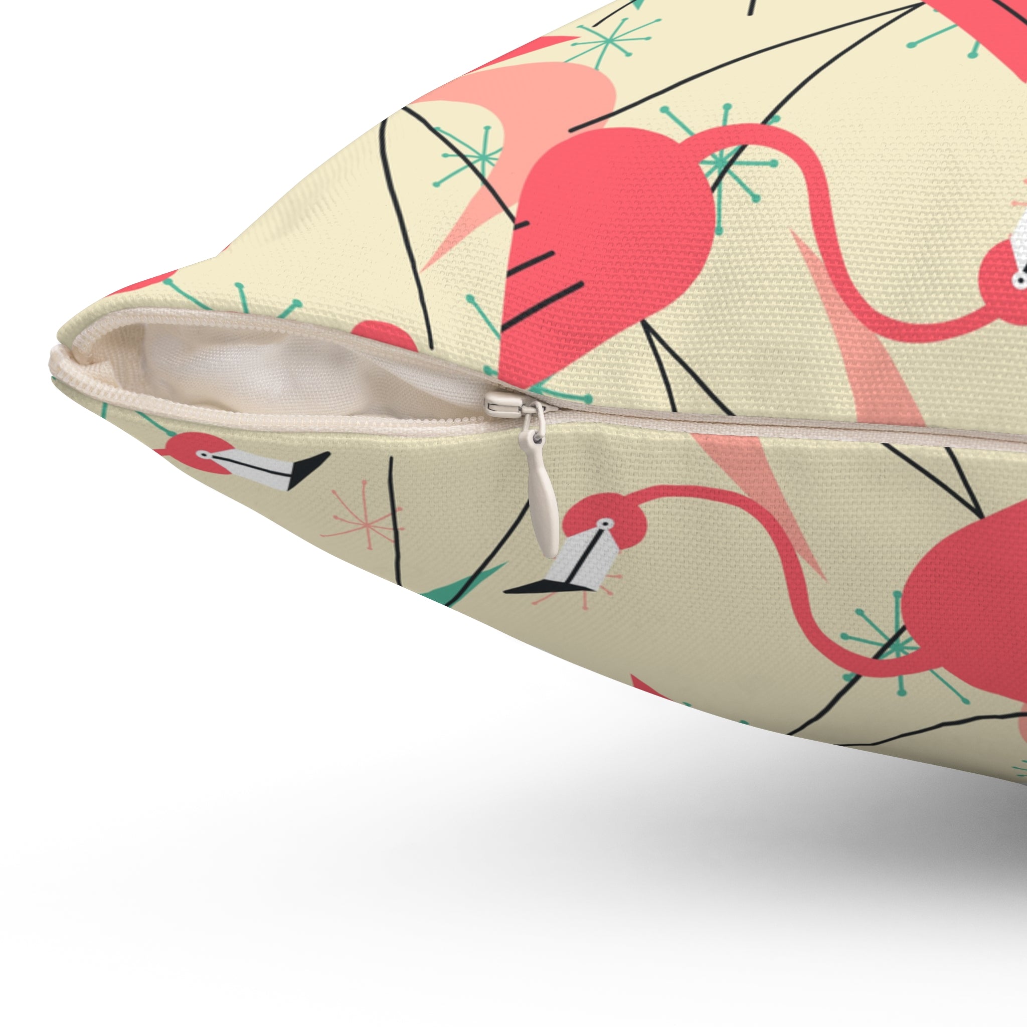 Mid Century Modern Dancing Flamingos, Kitschy Quirk MCM Tropical Flamingo Square Pillow - Stylish Home Decor for Retro Summer Vibes - Mid Century Modern Gal