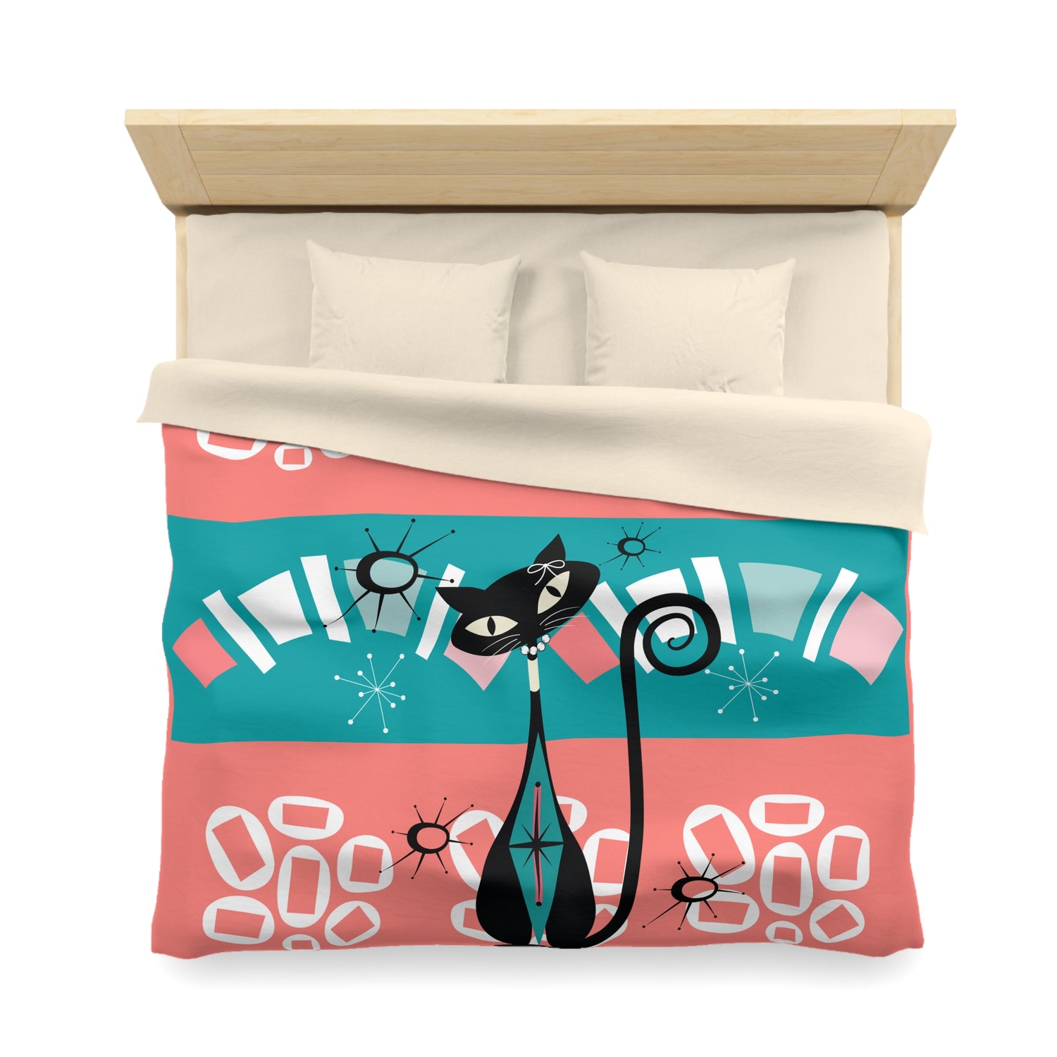 Mid Century Modern Atomic Cat, Coral, Teal, White Kitschy Funky Mod Duvet - Mid Century Modern Gal