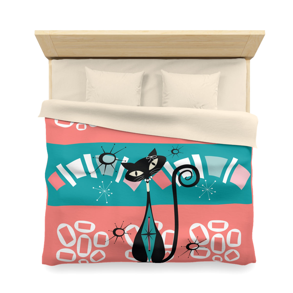 Mid Century Modern Atomic Cat, Coral, Teal, White Kitschy Funky Mod Duvet - Mid Century Modern Gal