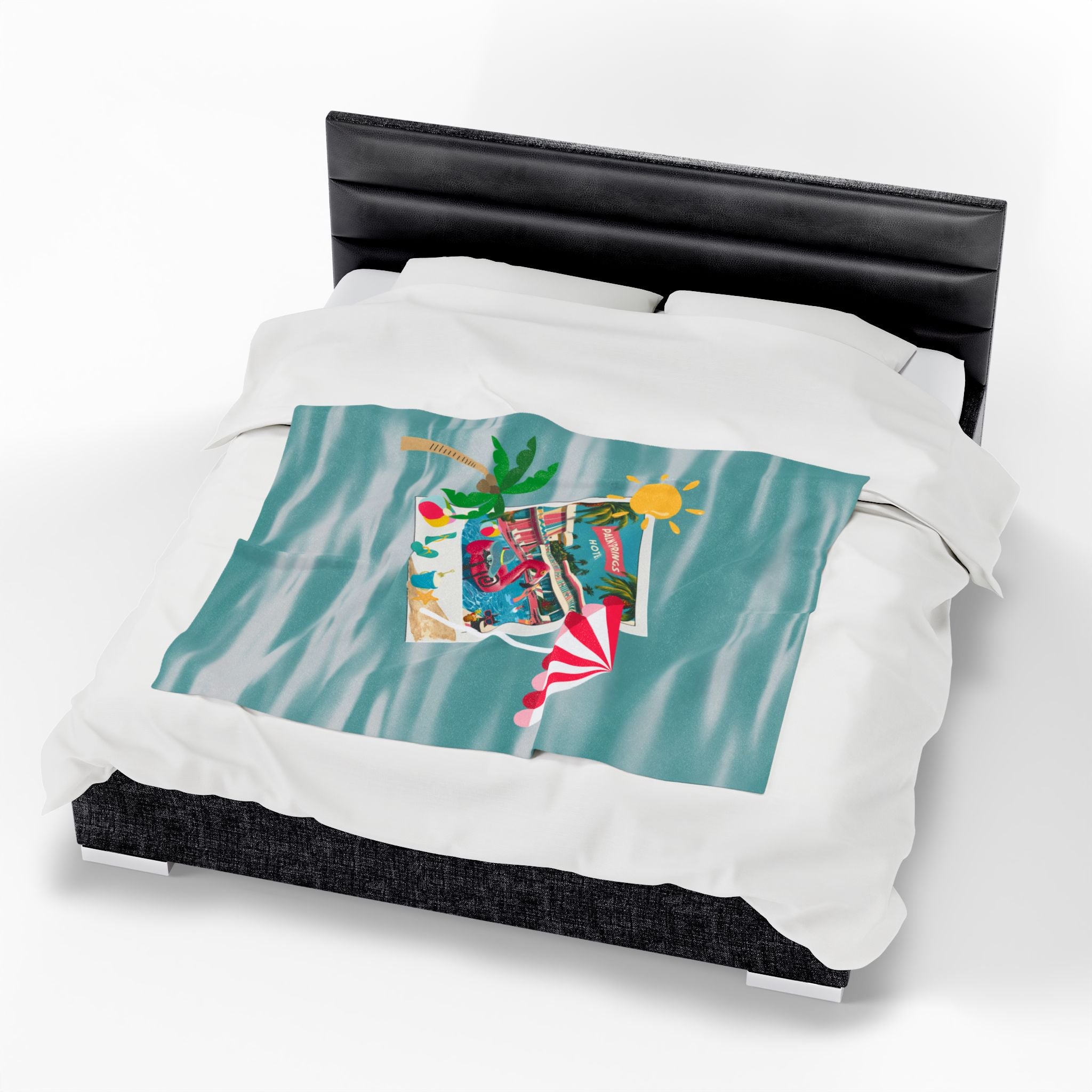 Palm Springs Hotel Retro Mod Flamingo And Atomic Cats, Tropical Getaway Velveteen Plush Blanket - Perfect for Beach Days and Cozy Nights - Mid Century Modern Gal