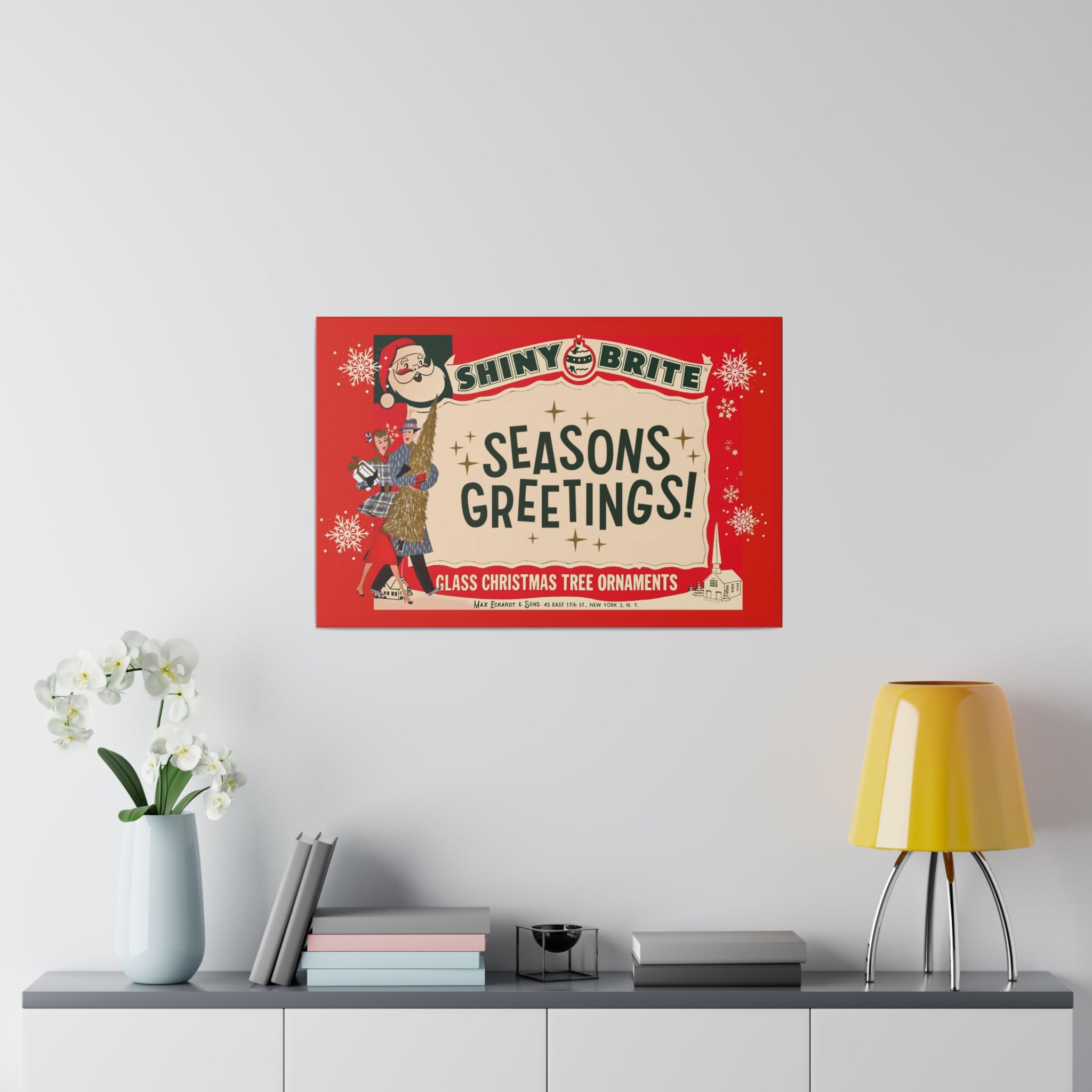 Shiny Brite Vintage Ad, Mid Century Modern Kitschy Christmas Deocr Matte Canvas - Mid Century Modern Gal