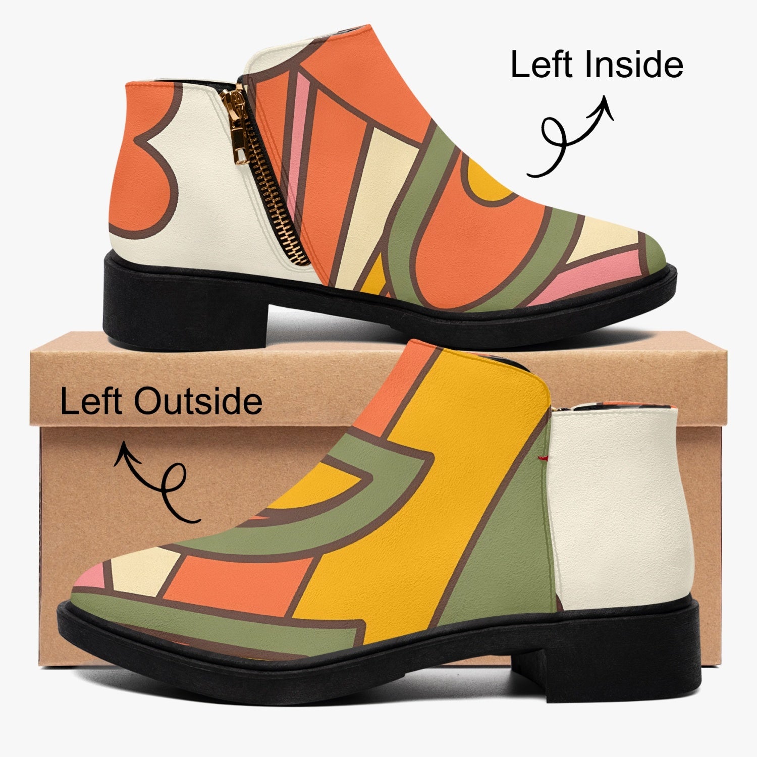 70s Mod Flower Power, Groovy Kitsch Ankle Shoe Boots With Atomic Kittie On Back - Mid Century Modern Gal