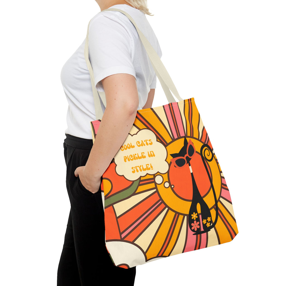 Pickleball Player Lover Tote Bag, Retro Groovy Mod Cat - Mid Century Modern Gal