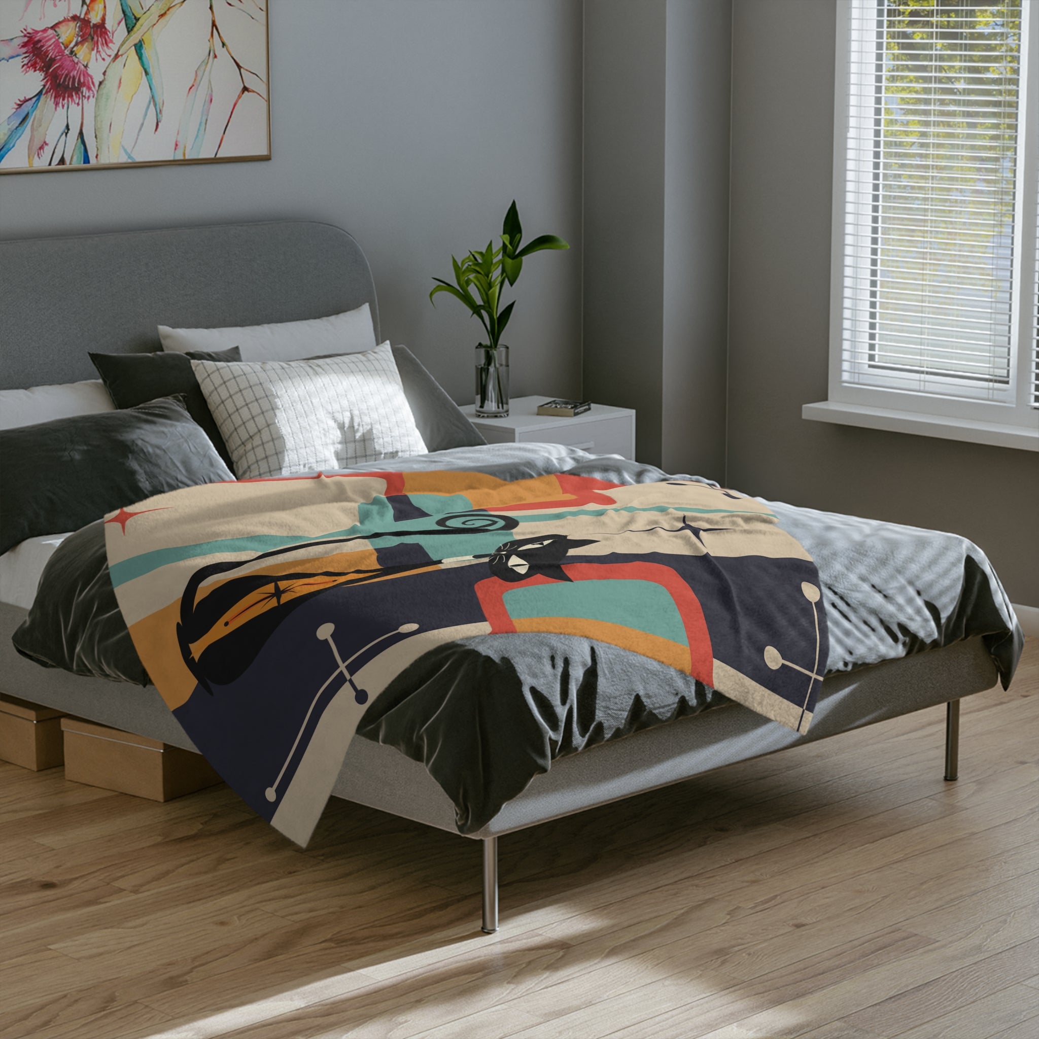 Atomic Cat Kitschy Mid Century Modern Velveteen Blanket - Mid Century Modern Gal