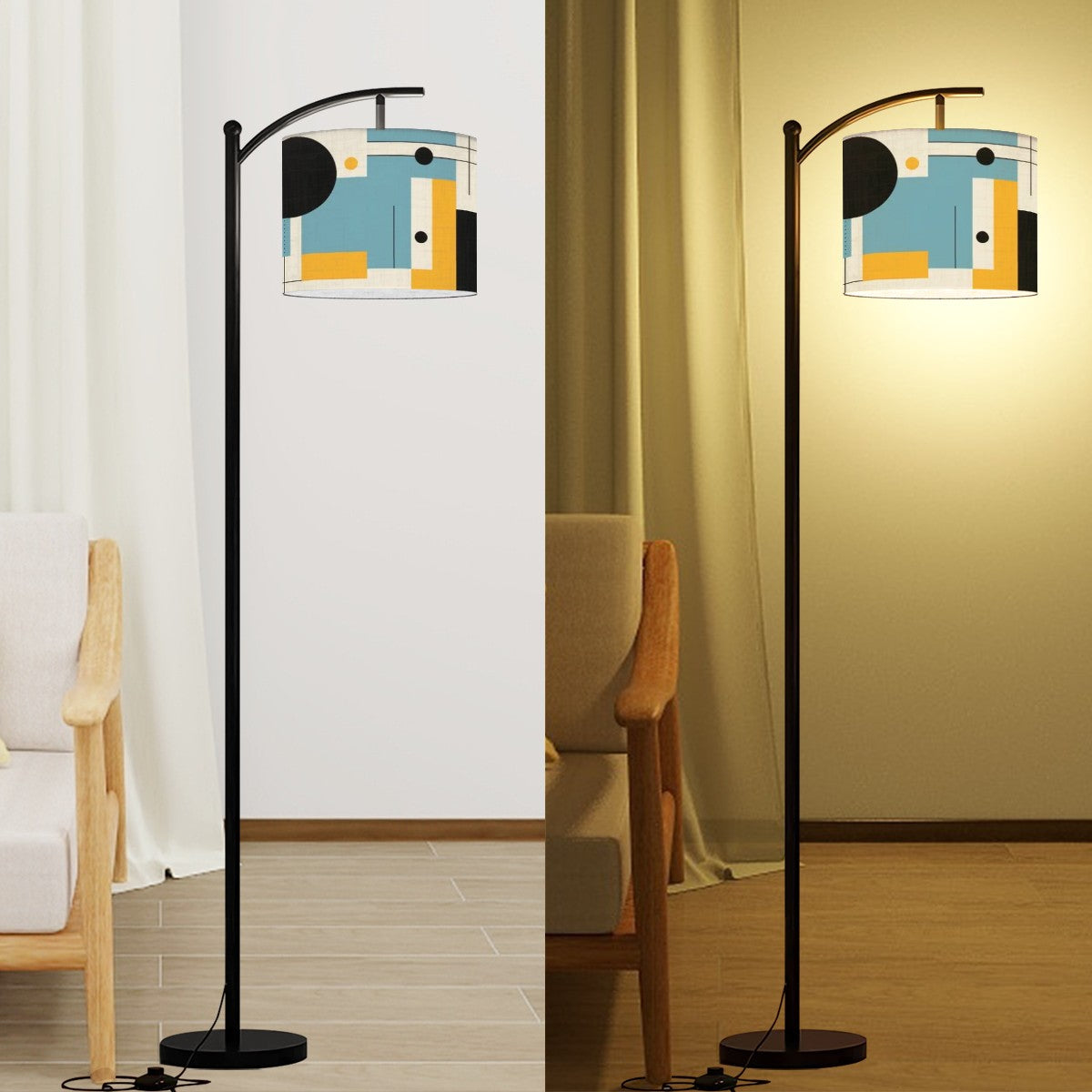 Mid Century Modern Arc Floor Lamp, Bauhaus Designed Shade WIth Geometric Blue, Yellow Black - Mid Century Modern Gal