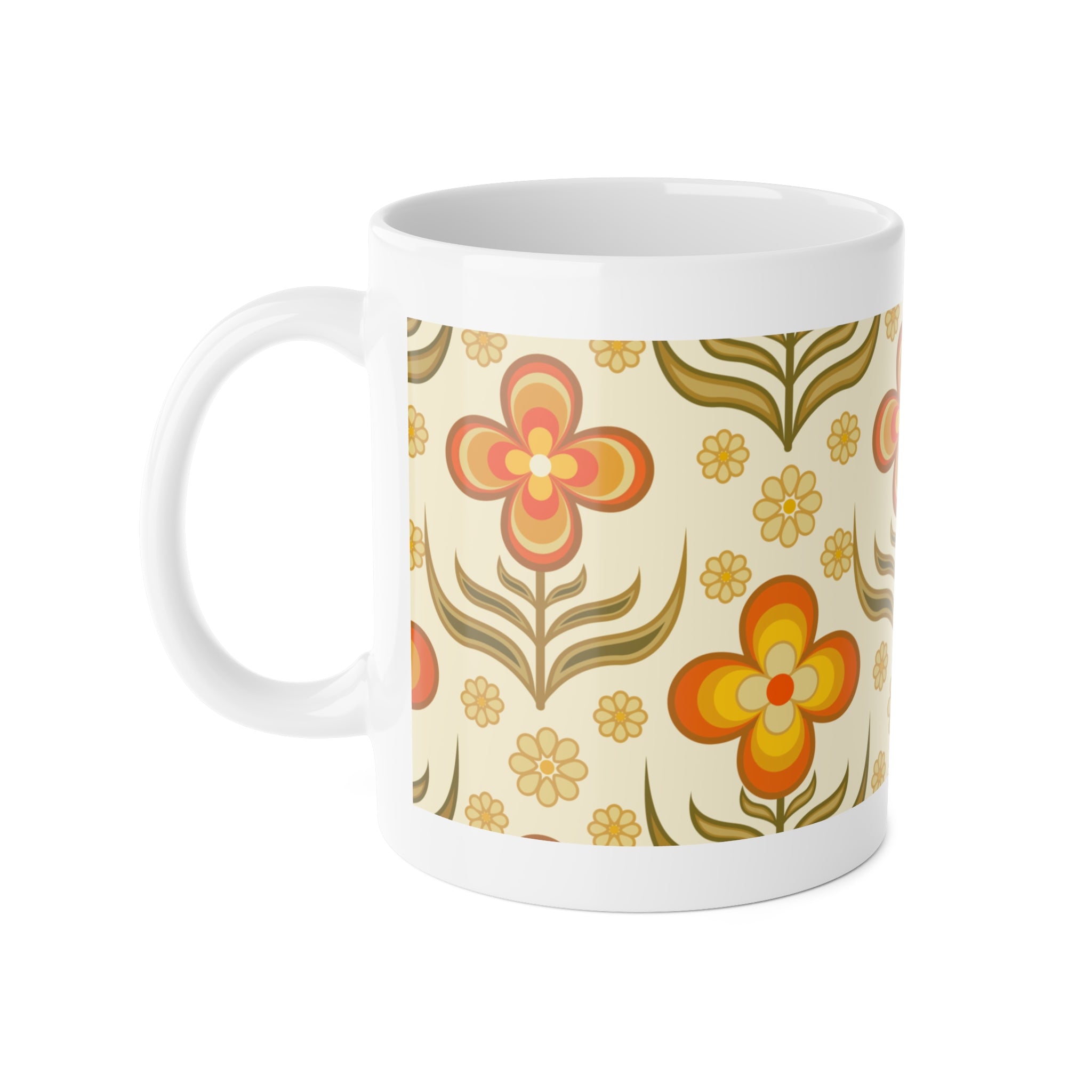 70s Flower Power, Daily Cup of Retro White Ceramic Mug, 11oz - Mid Century Modern Gal