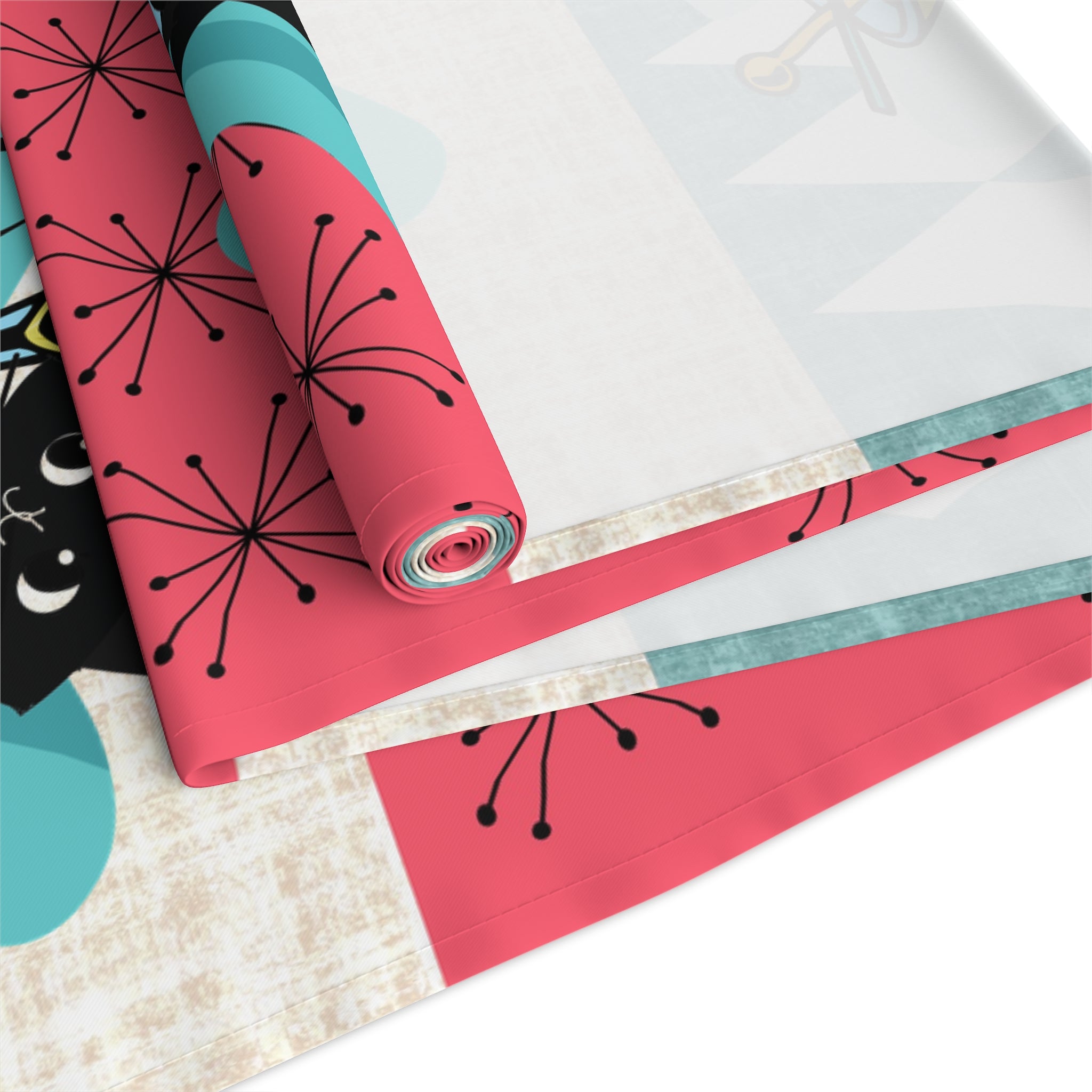 Atomic Martini Cat, Mid Mod Coral, Aqua, Starbursts Mid Century Modern Barware Table Runner - Mid Century Modern Gal