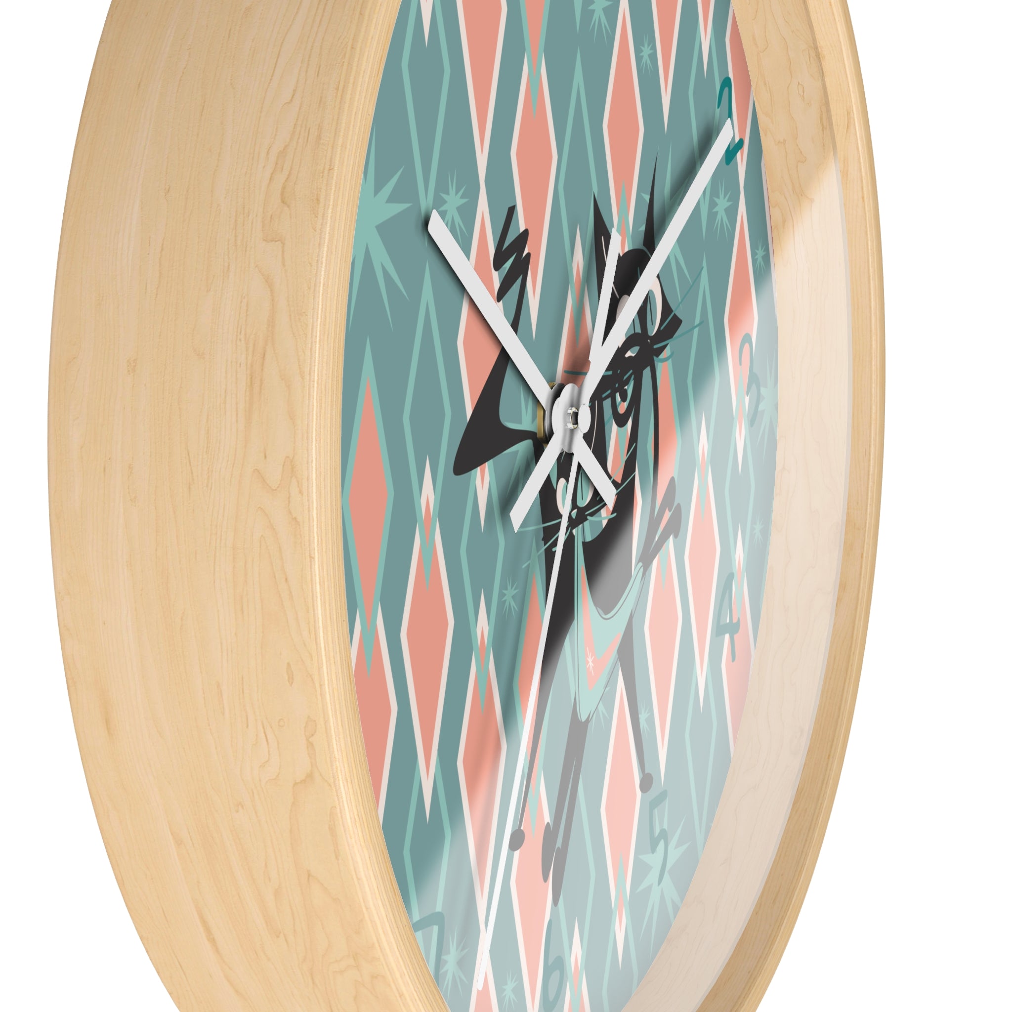 Retro Kitchen Wall Clock For Atomic Cat Black Cat Lovers, Mid Century Modern Designed, Teal, Pink Harlequin Diamond Designed MCM Clock - Mid Century Modern Gal