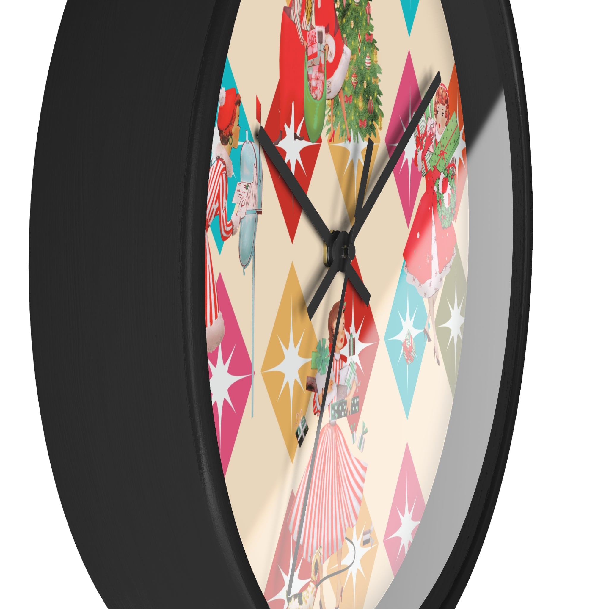 Holiday Retro Vintage Christmas Kitsch, Mid Century Modern Christmas Card Fun Kitschy 50s X-mas Wall Clock - Mid Century Modern Gal