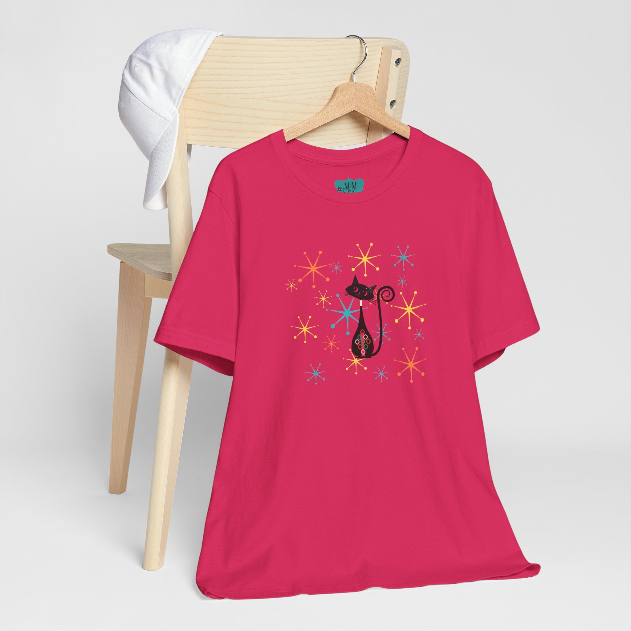 Atomic Cat Mid Century Modern Starburst Whimsical Cat Short Sleeve Tee - Colorful Star Design - Mid Century Modern Gal