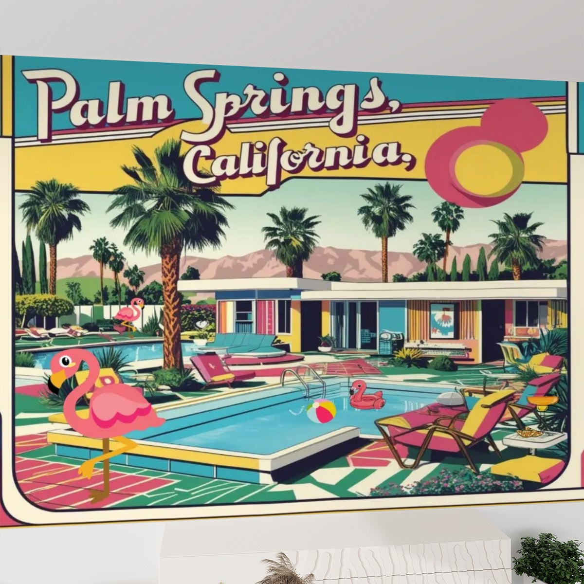 Palm Springs California Flamingo Kitschy Mid Mod Peel And Stick Canvas Self Adhesive Wallpaper - Mid Century Modern Gal
