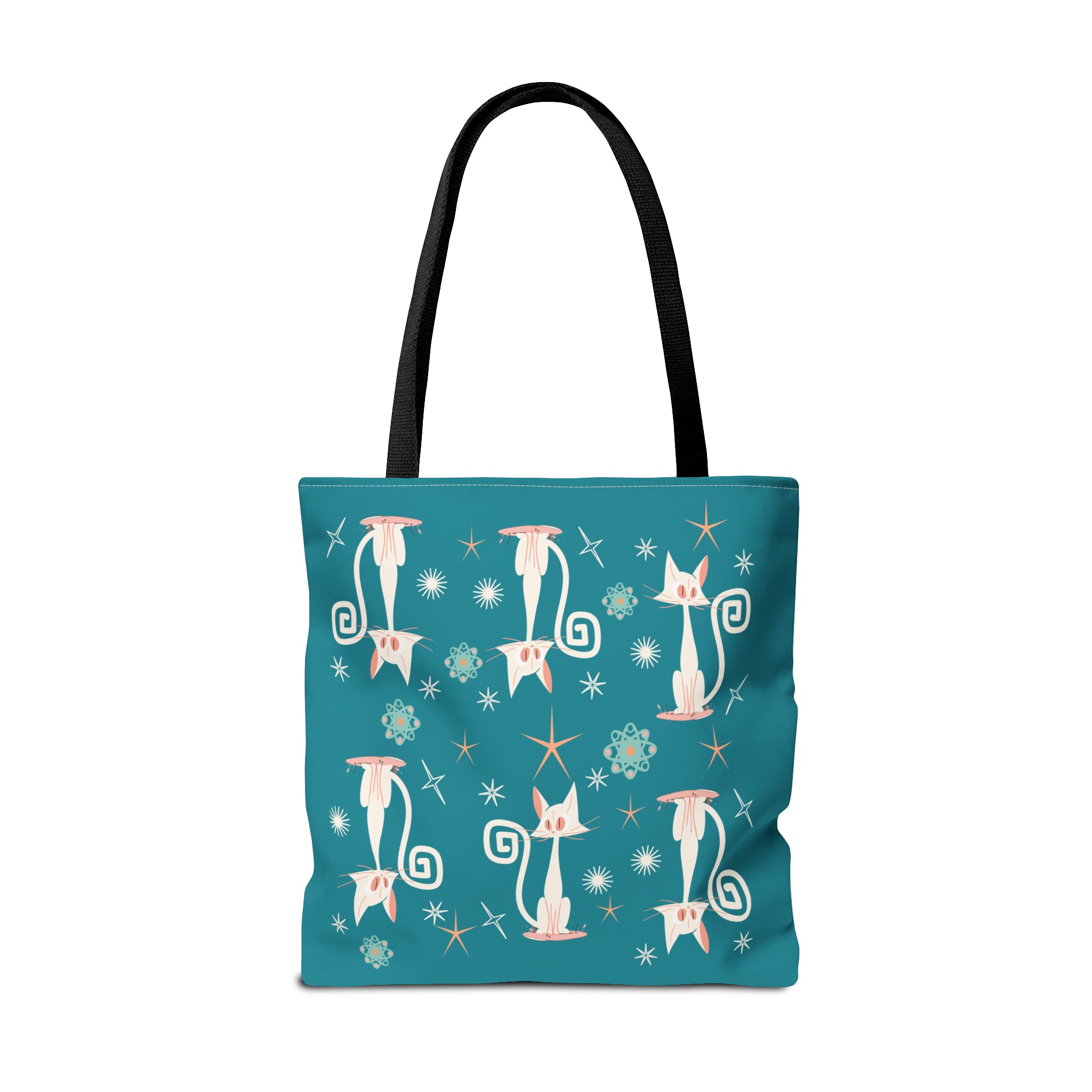 Atomic Kitties, White Kitschy Cats, Coral, Teal, Atomic Age Mid Century Modern Tote Bag - Mid Century Modern Gal
