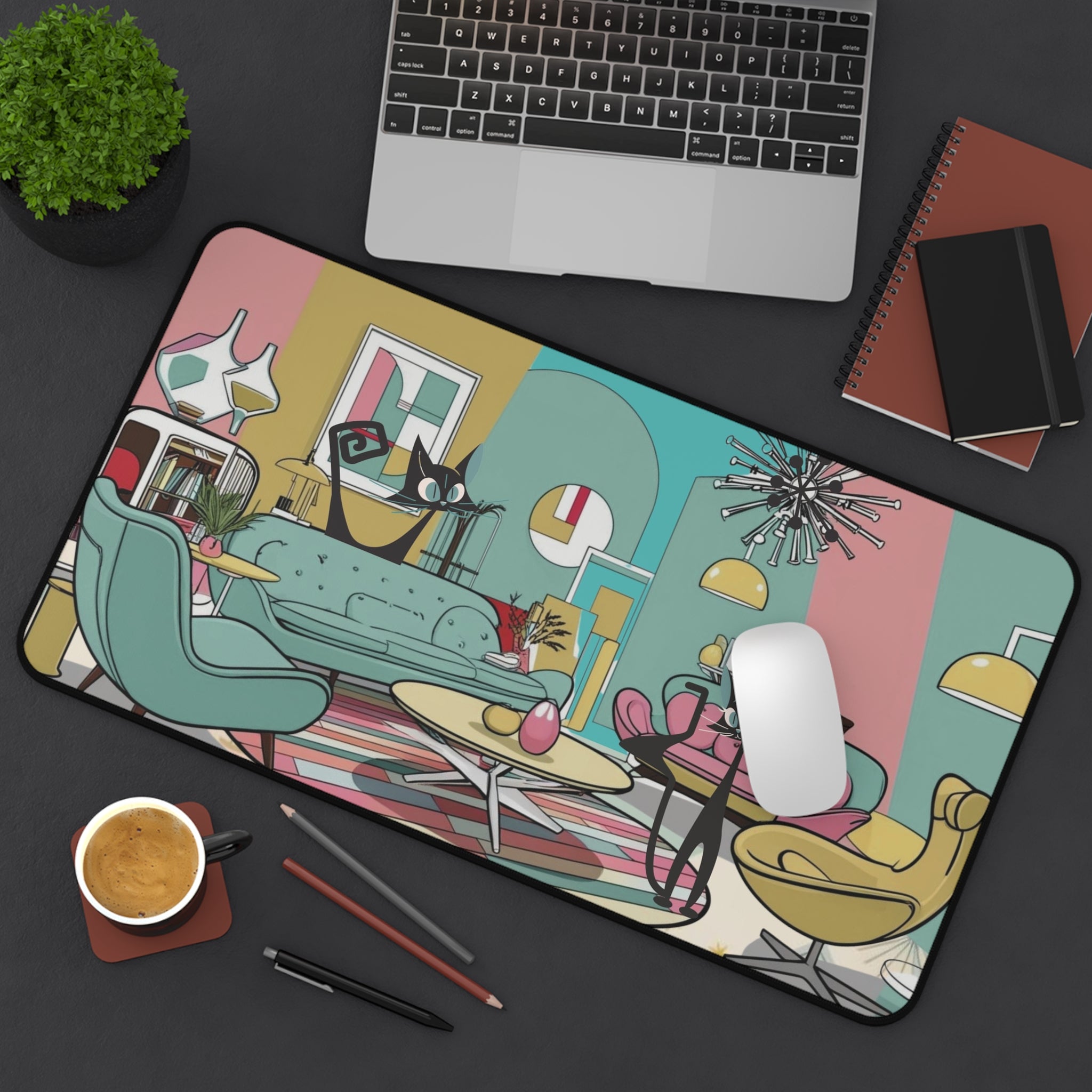 Mid-Century Modern Atomic Kitschy Cats Desk Mat - Stylish Home Office Decor - Mid Century Modern Gal