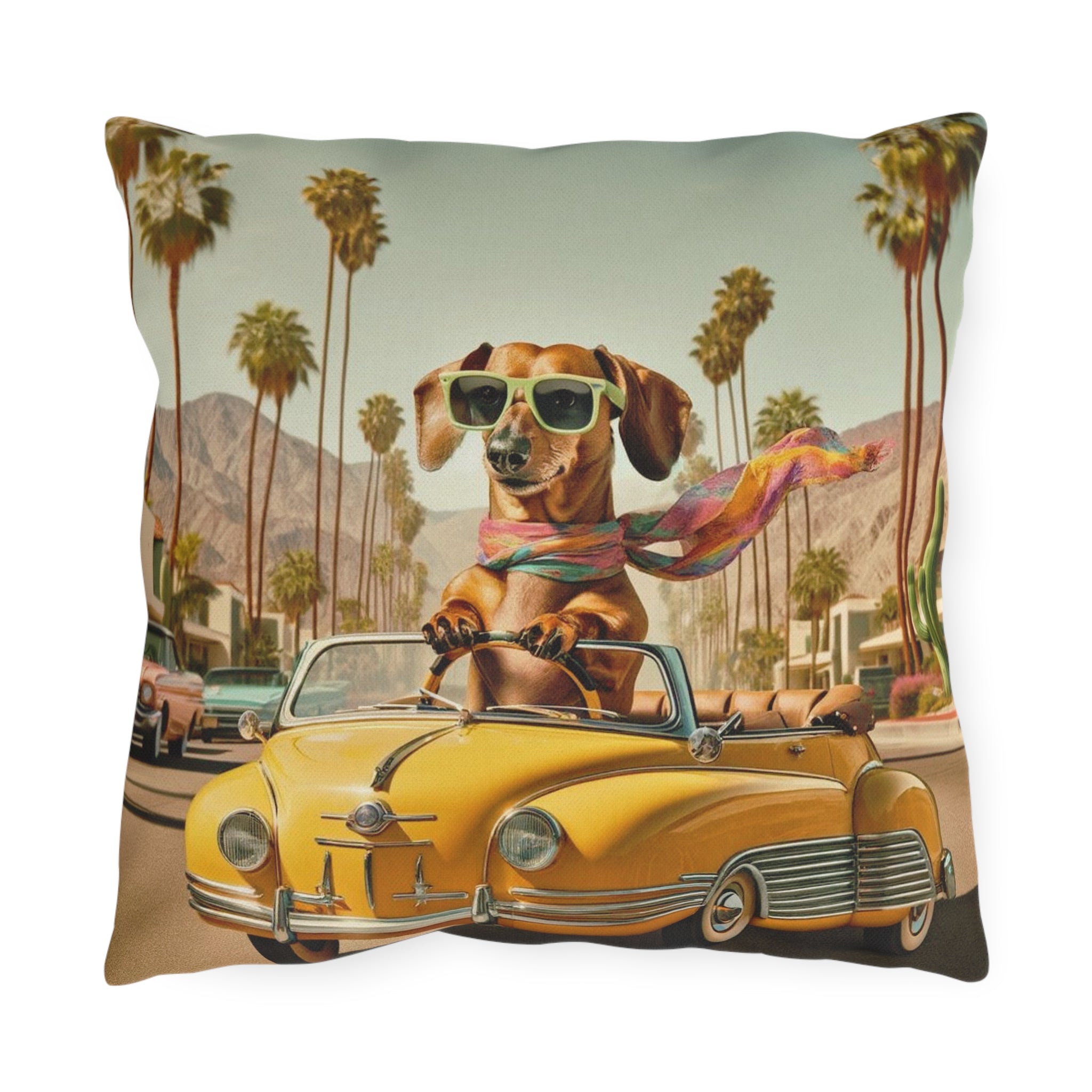 Doxie Dog, Retro Palm Springs Cali Kitschy Fun Outdoor Pillows - Mid Century Modern Gal