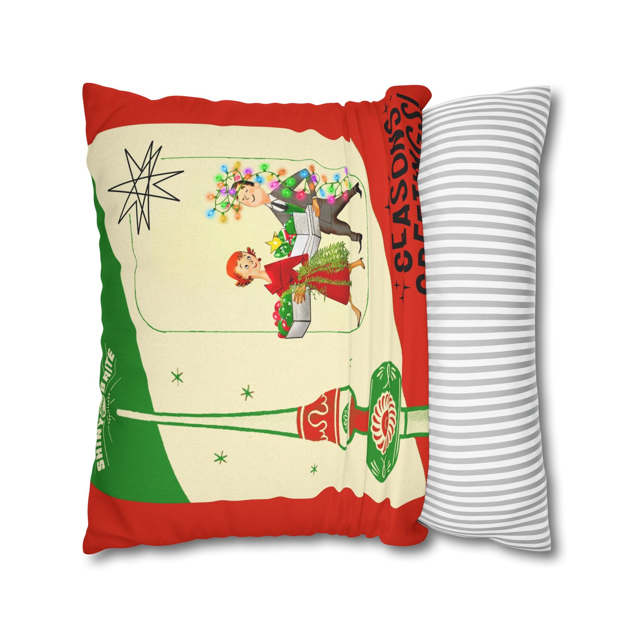 Shiny Brite Holiday Pillow Cover, Mid Century Modern Kitschy Couple Season Greetings - Mid Century Modern Gal